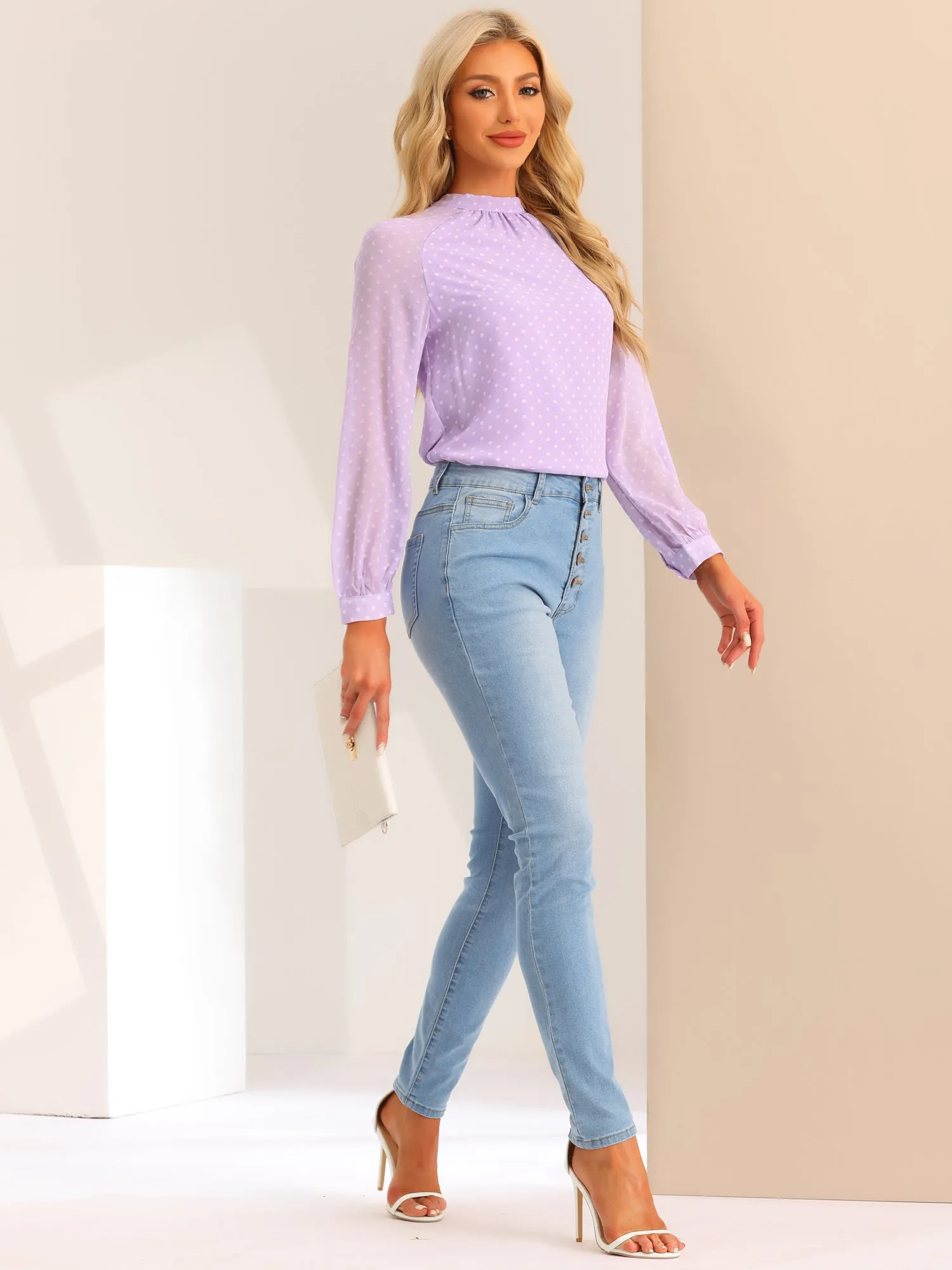 Polka Dots Funnel Neck Tie Back Sheer Long Sleeve Blouse sold by Allegra K product image thumbnail 2