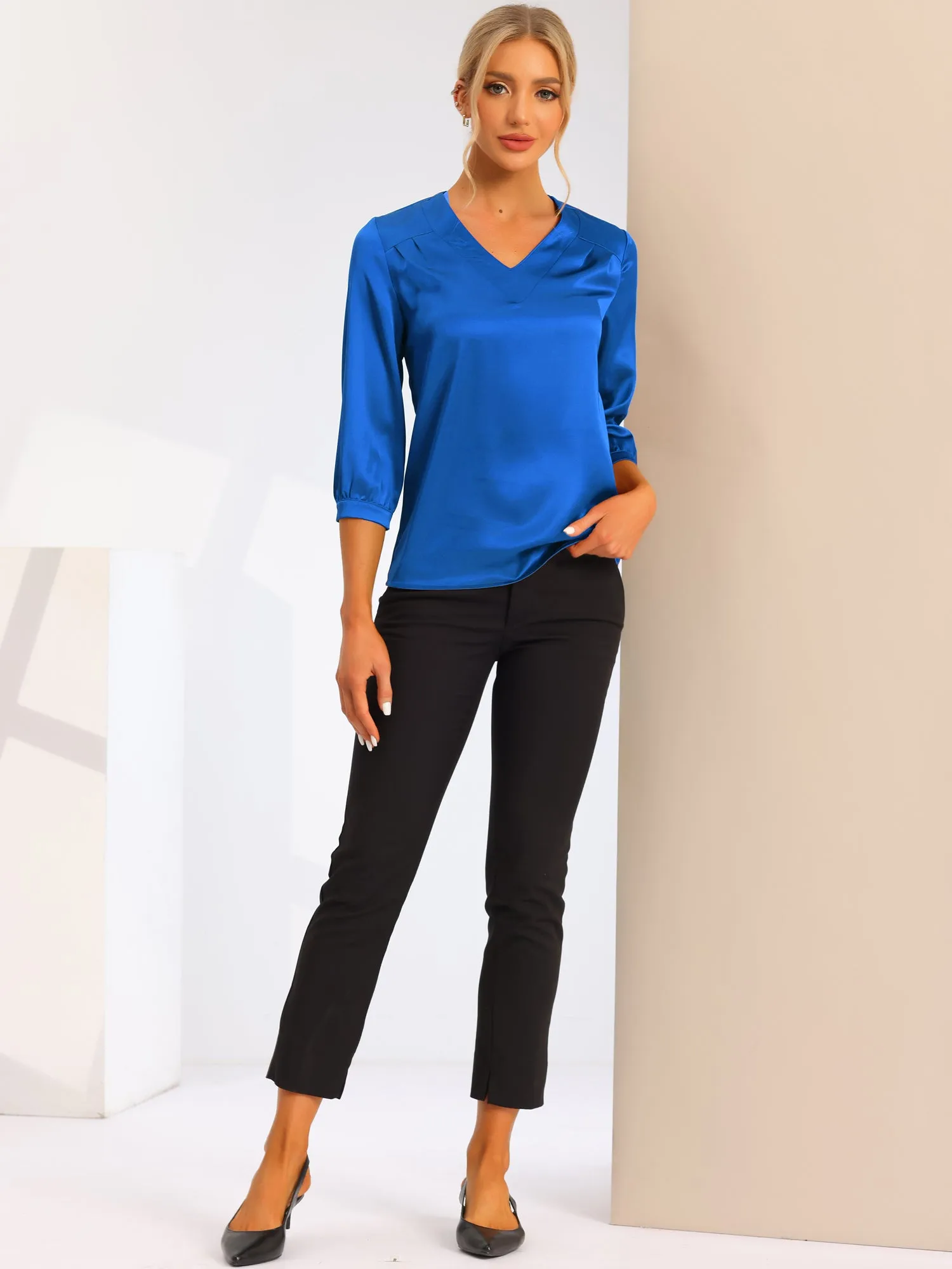 Casual Office Blouse 3/4 Sleeve V Neck Satin Shirt sold by Allegra K product image thumbnail 3