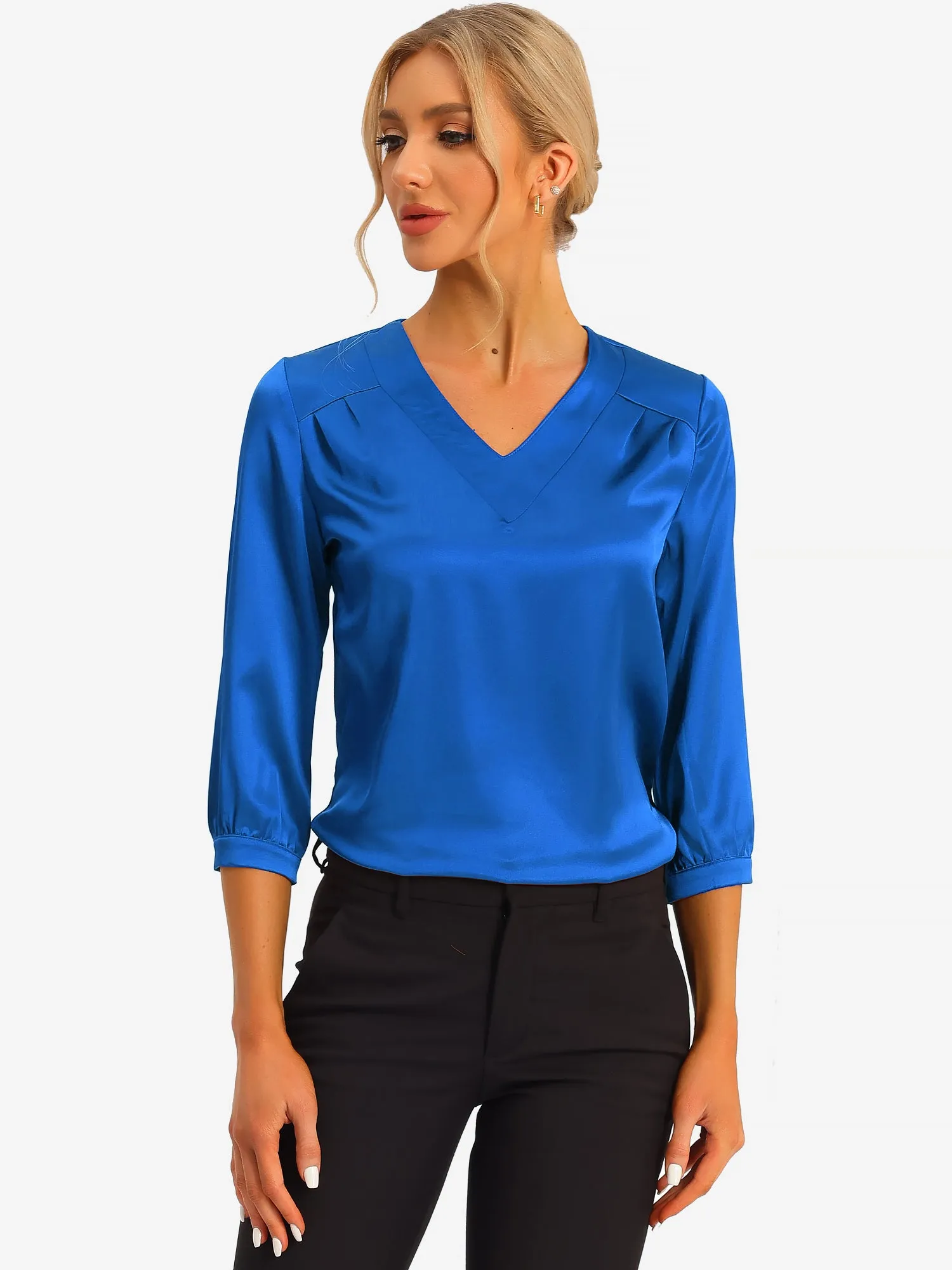 Casual Office Blouse 3/4 Sleeve V Neck Satin Shirt sold by Allegra K product image thumbnail 2