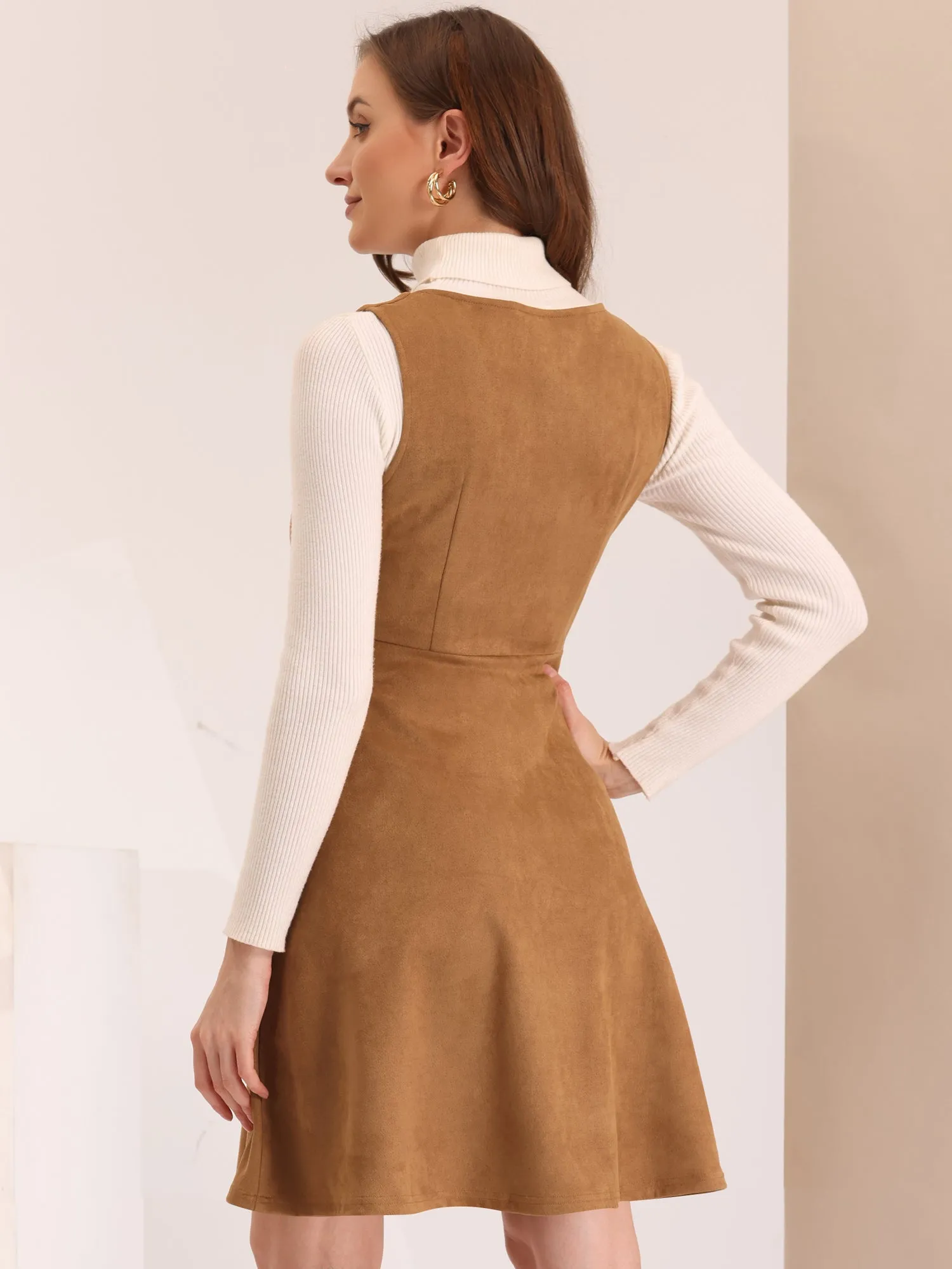 Faux Suede Overall Round Neck Sleeveless A-Line Pleated Dress sold by Allegra K product image thumbnail 3