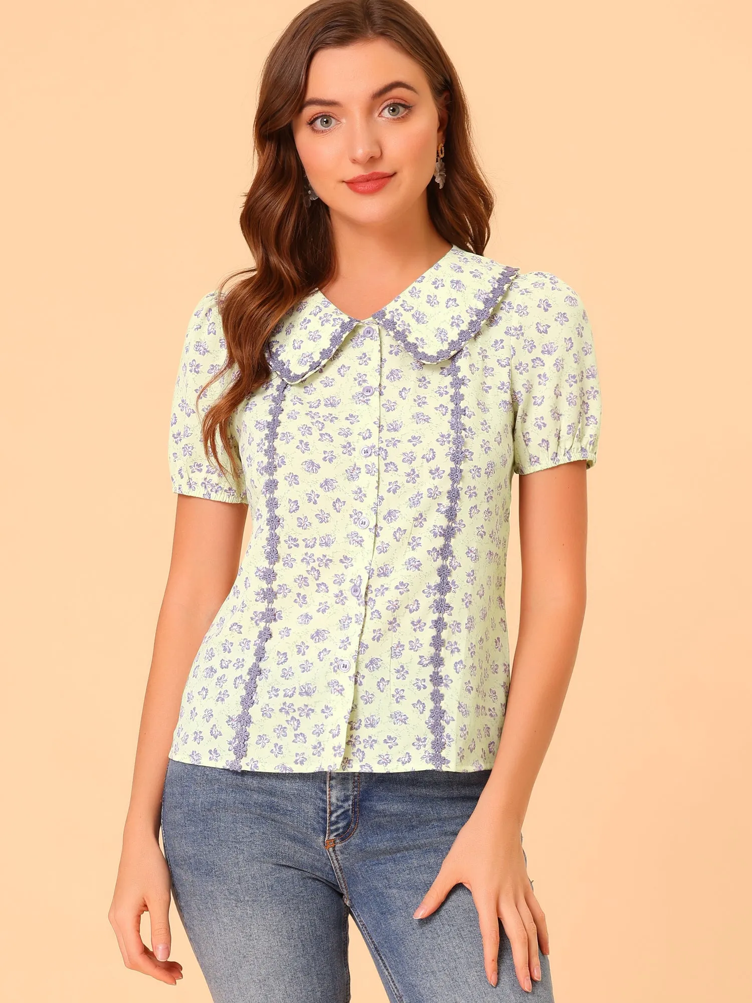 Button Down Tops 1950s Peter Pan Collar Floral Blouse sold by Allegra K product image thumbnail 5