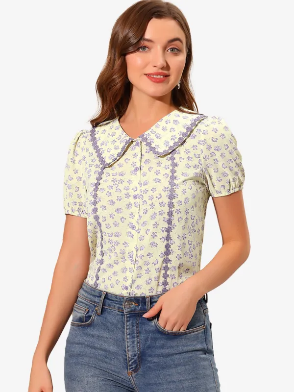 Button Down Tops 1950s Peter Pan Collar Floral Blouse sold by Allegra K