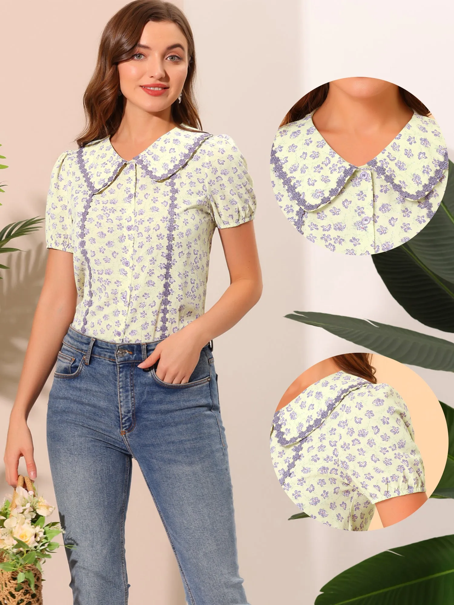 Button Down Tops 1950s Peter Pan Collar Floral Blouse sold by Allegra K product image thumbnail 2