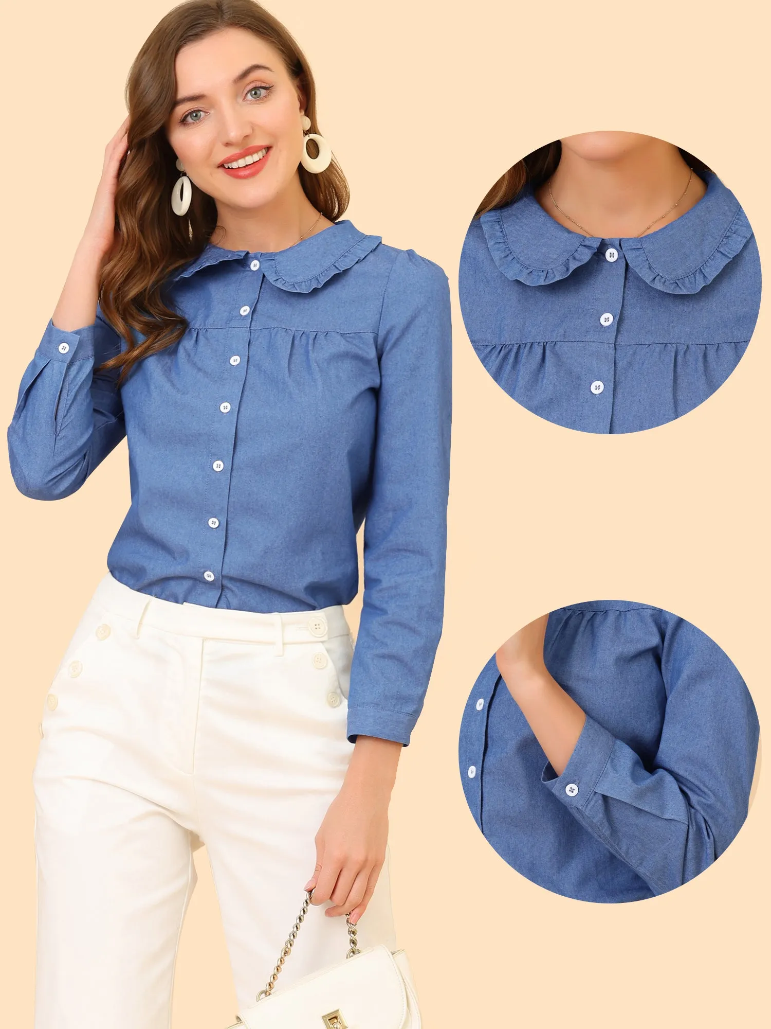 Denim Top Long Sleeve Peter Pan Collar Shirt sold by Allegra K product image thumbnail 2