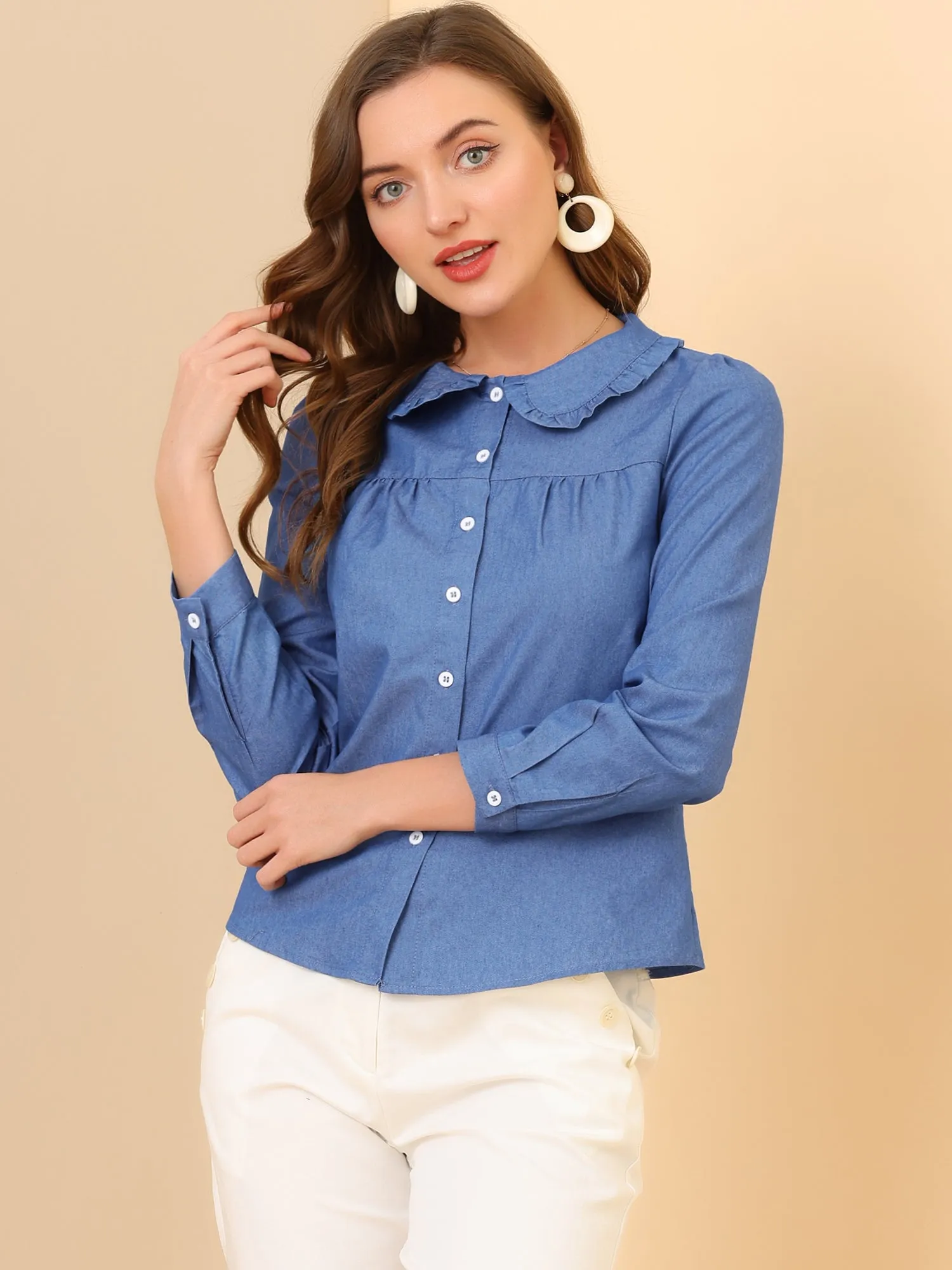 Denim Top Long Sleeve Peter Pan Collar Shirt sold by Allegra K