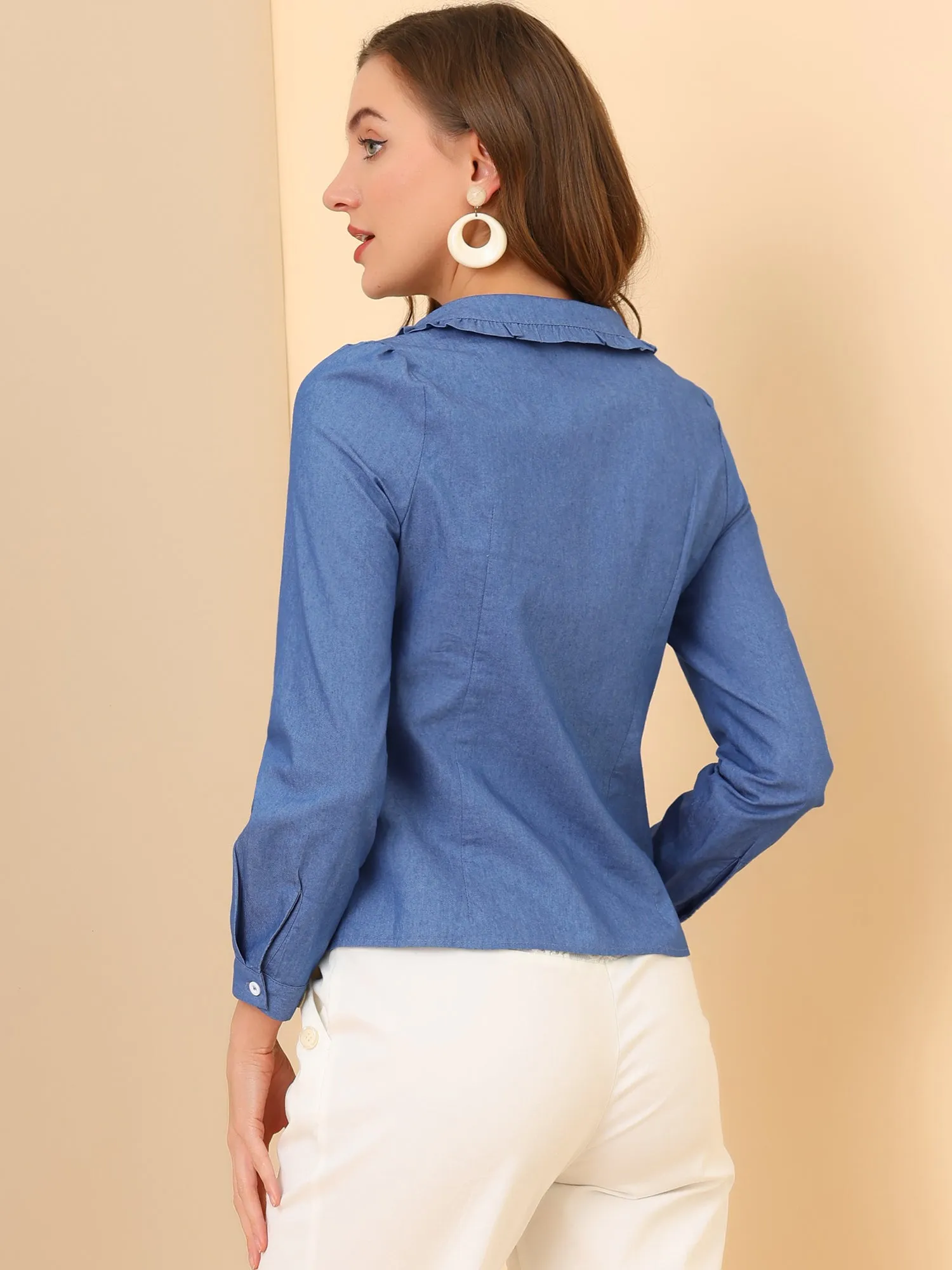 Denim Top Long Sleeve Peter Pan Collar Shirt sold by Allegra K product image thumbnail 3