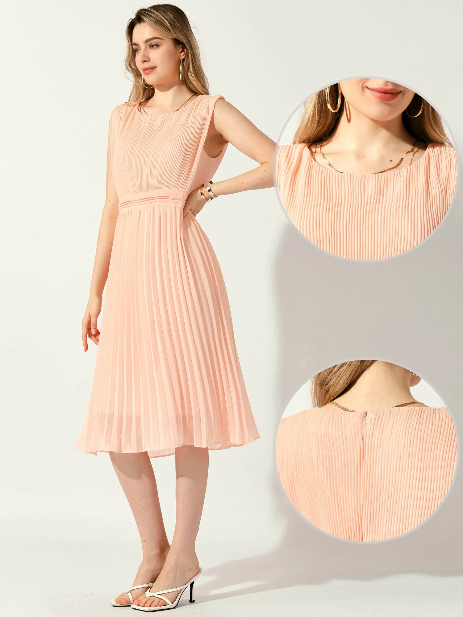 Pleated High Waist Zip Back Scoop Neck Sleeveless Flowy Midi Dress sold by Allegra K product image thumbnail 2