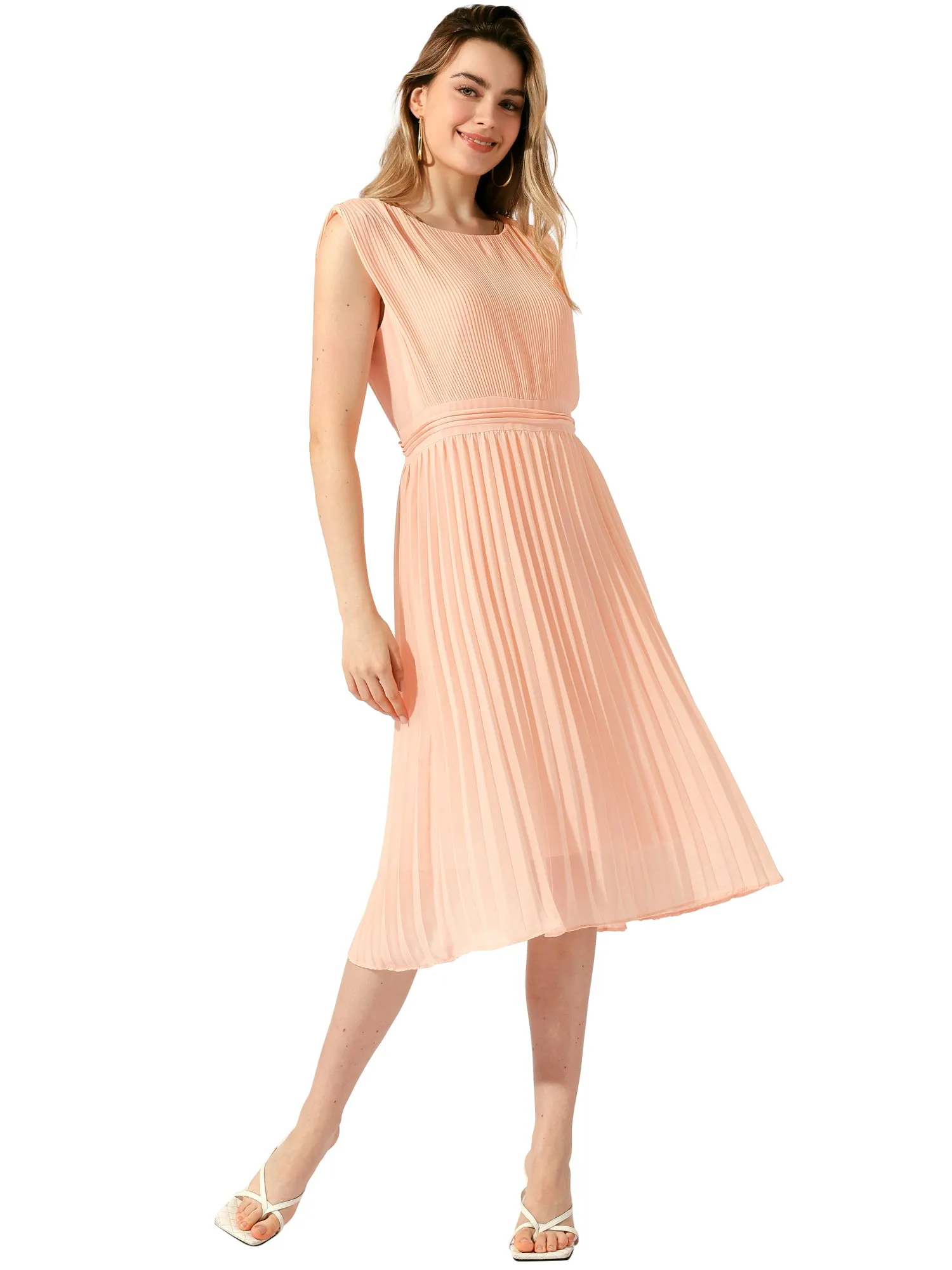Pleated High Waist Zip Back Scoop Neck Sleeveless Flowy Midi Dress sold by Allegra K product image thumbnail 5