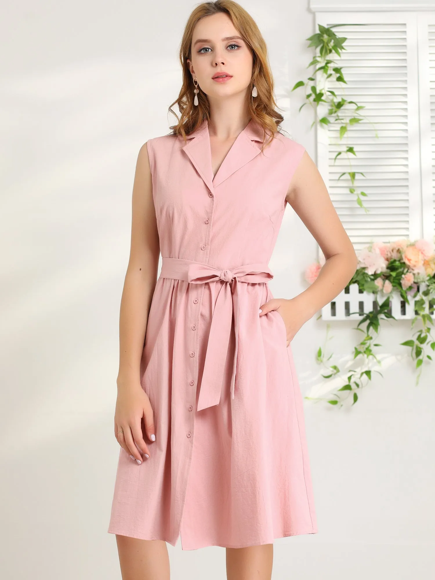 Retro Notched Lapel Belted Office Midi Sleeveless Safari Dress sold by Allegra K product image thumbnail 2