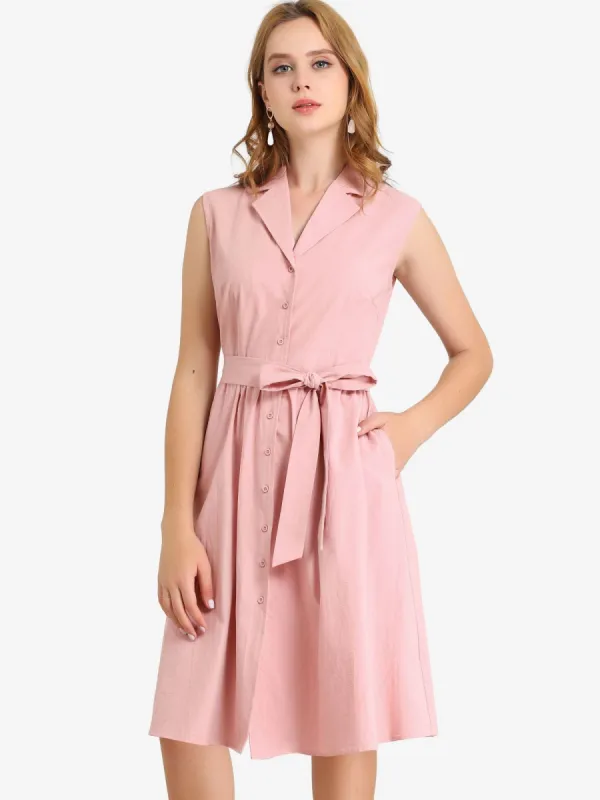 Retro Notched Lapel Belted Office Midi Sleeveless Safari Dress sold by Allegra K