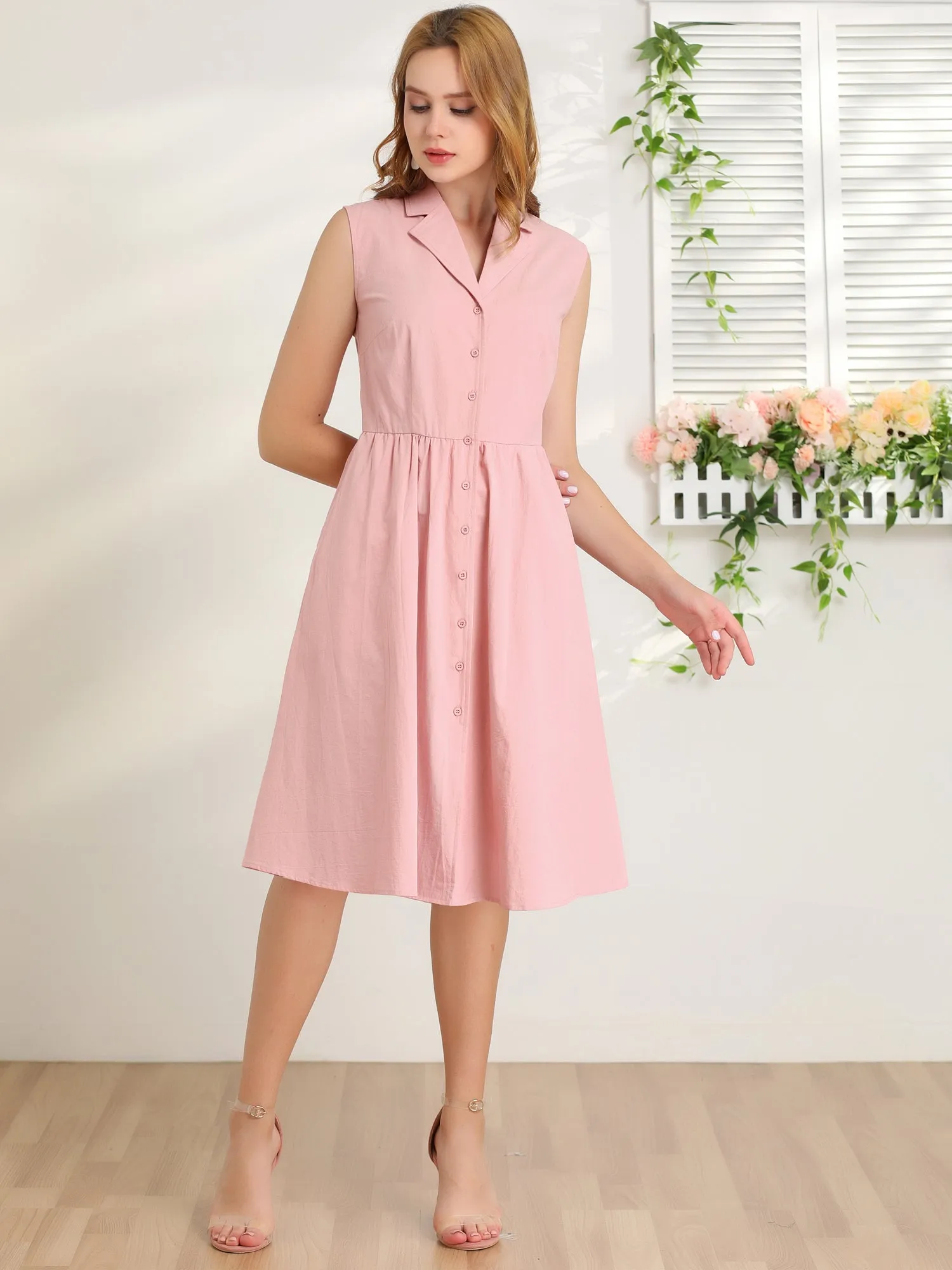 Retro Notched Lapel Belted Office Midi Sleeveless Safari Dress sold by Allegra K product image thumbnail 3