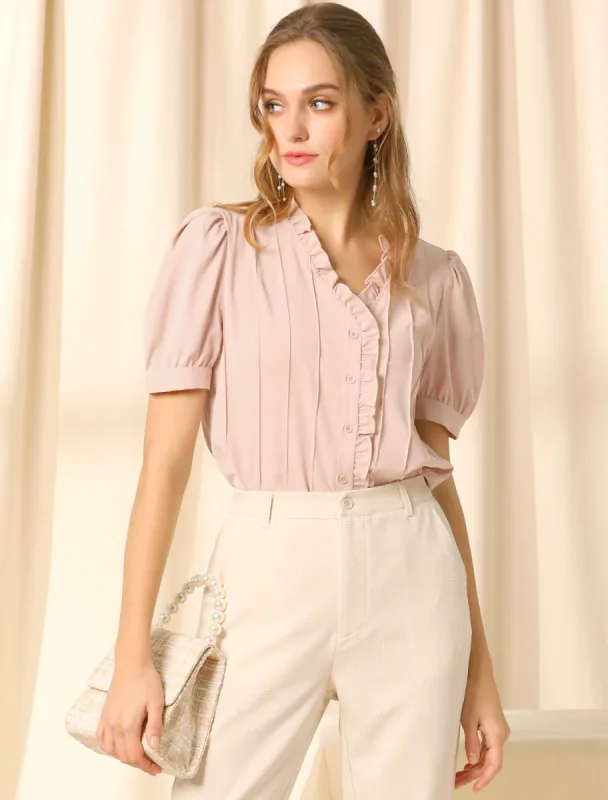 Pleated Front Ruffle V Neck Puff Short Sleeve Blouse sold by Allegra K