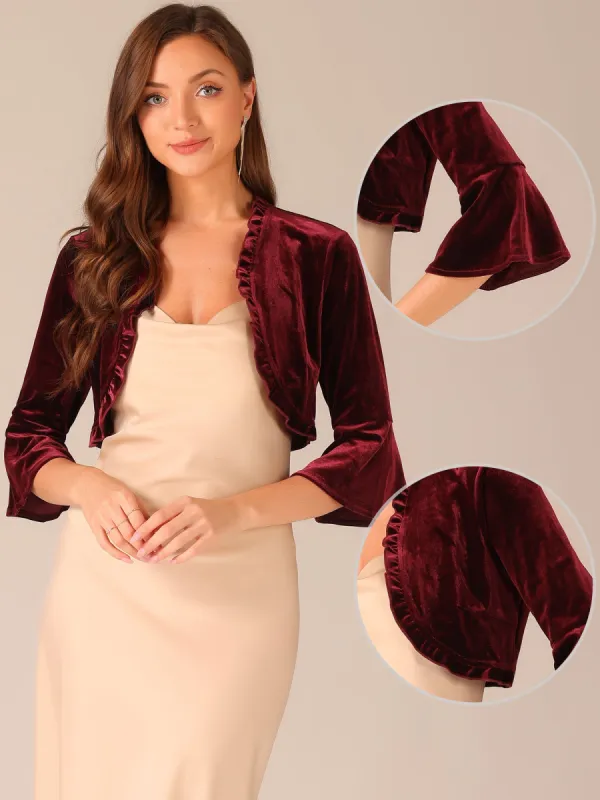 Velvet 3/4 Sleeve Open Front Ruffled Cocktail Cropped Shrug Bolero Jacket sold by Allegra K