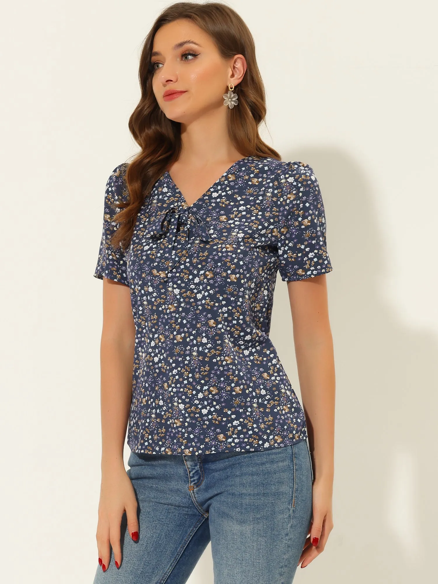 Bow Tie V Neck Short Sleeve Straight Loose Breathable Printed Blouse sold by Allegra K
