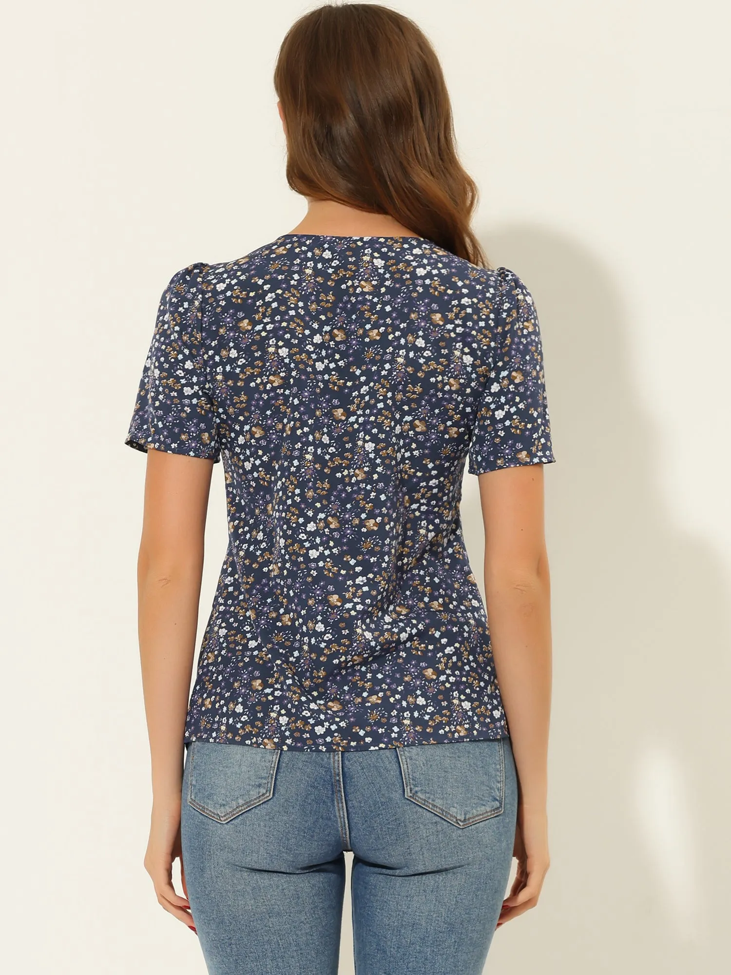 Bow Tie V Neck Short Sleeve Straight Loose Breathable Printed Blouse sold by Allegra K product image thumbnail 3