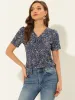 Bow Tie V Neck Short Sleeve Straight Loose Breathable Printed Blouse sold by Allegra K
