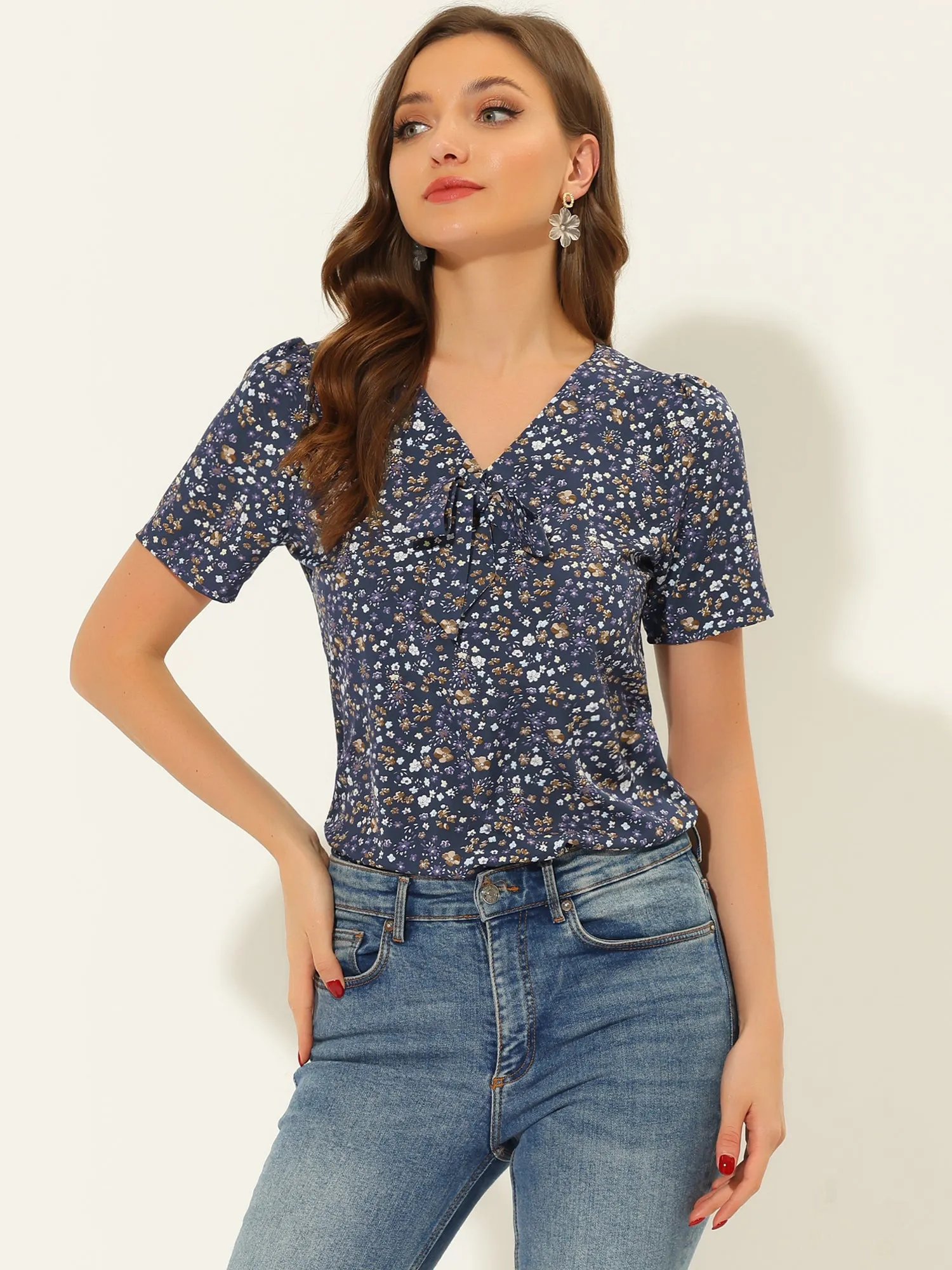 Bow Tie V Neck Short Sleeve Straight Loose Breathable Printed Blouse sold by Allegra K product image thumbnail 2