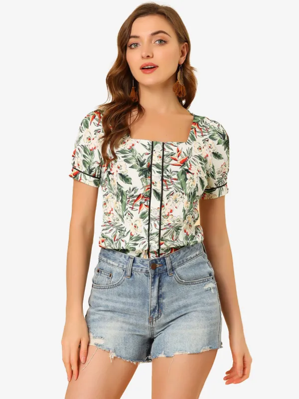 Short Sleeve Square Neck Contrast Trim Tropical Floral Blouse sold by Allegra K
