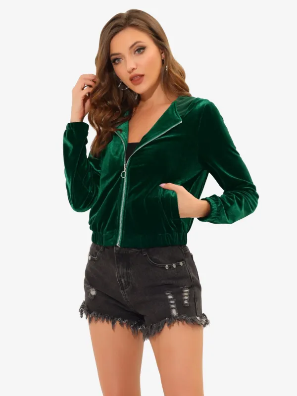 Hooded Jacket Pockets Casual Velvet Zip Up Crop Sweatshirt sold by Allegra K