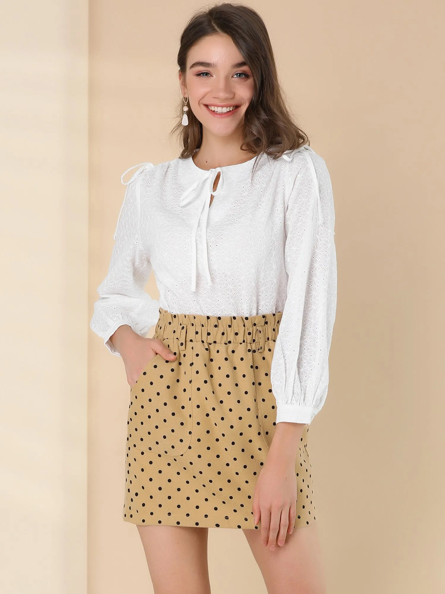 Polka Dot Bow Tie Paper Bag Waist Patch Pockets Mini Short Skirt sold by Allegra K product image thumbnail 3