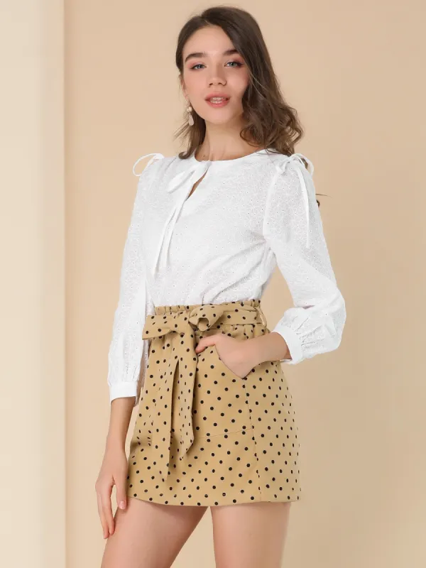 Polka Dot Bow Tie Paper Bag Waist Patch Pockets Mini Short Skirt sold by Allegra K