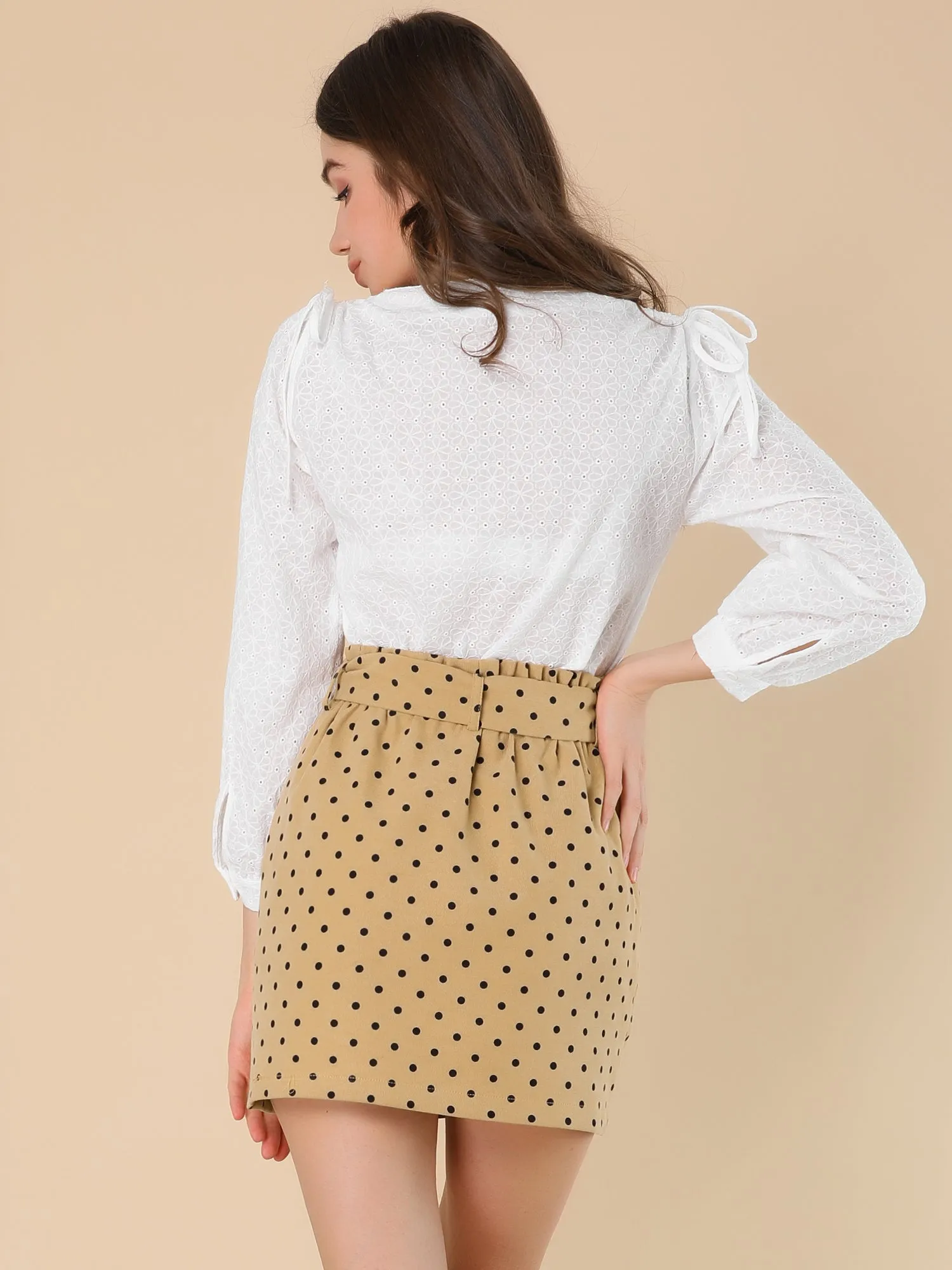 Polka Dot Bow Tie Paper Bag Waist Patch Pockets Mini Short Skirt sold by Allegra K product image thumbnail 4