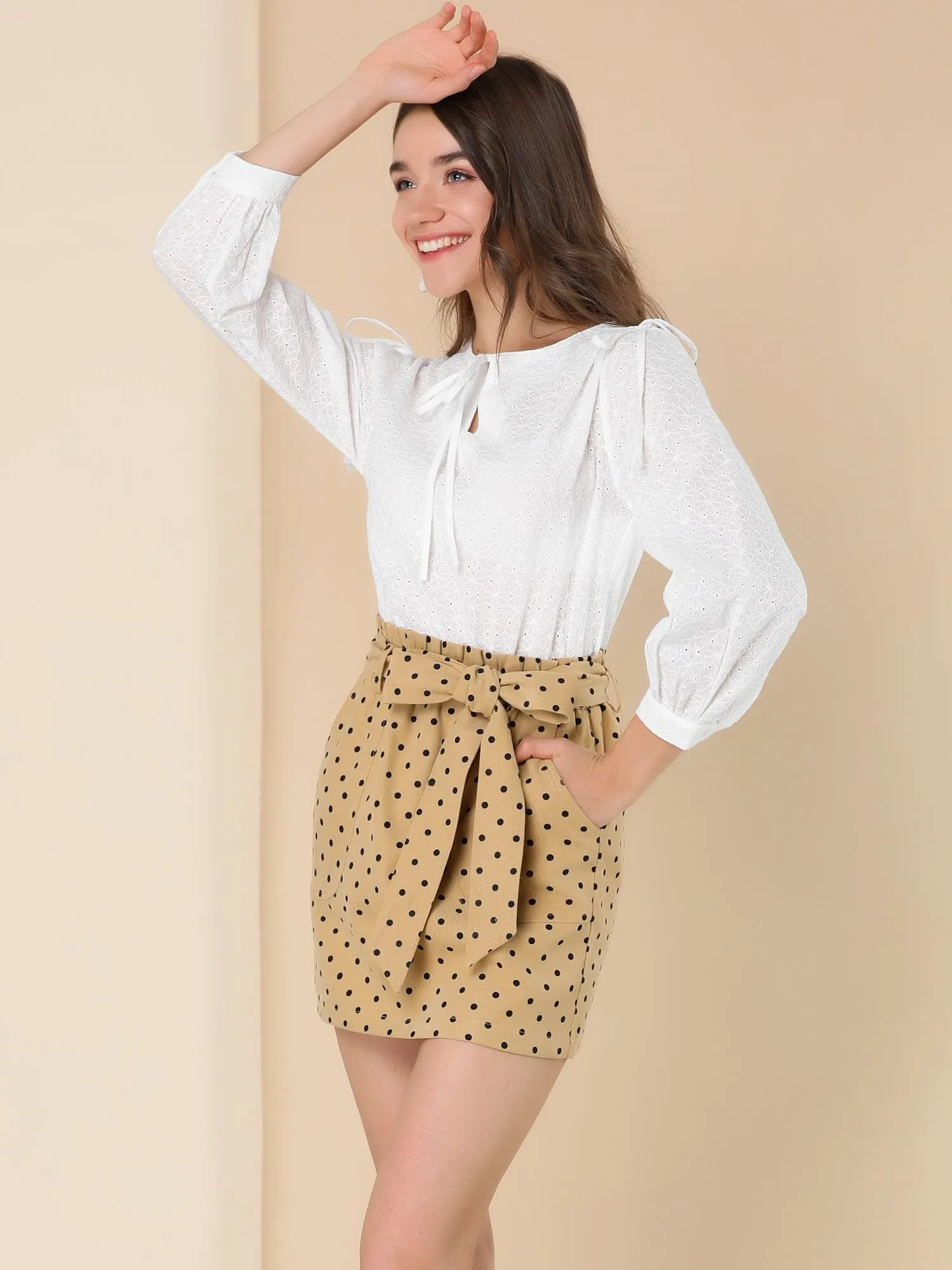 Polka Dot Bow Tie Paper Bag Waist Patch Pockets Mini Short Skirt sold by Allegra K product image thumbnail 2