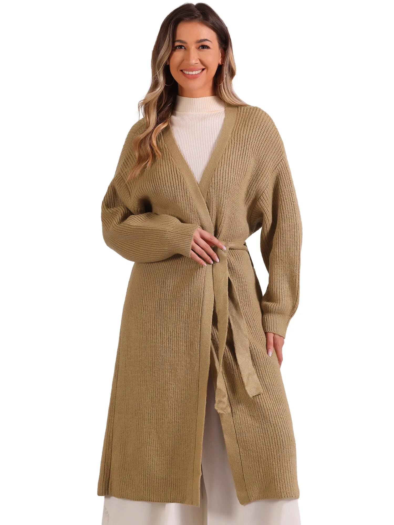 Open Front Long Sleeve Belted Knit Sweater Long Cardigan sold by Allegra K product image thumbnail 5
