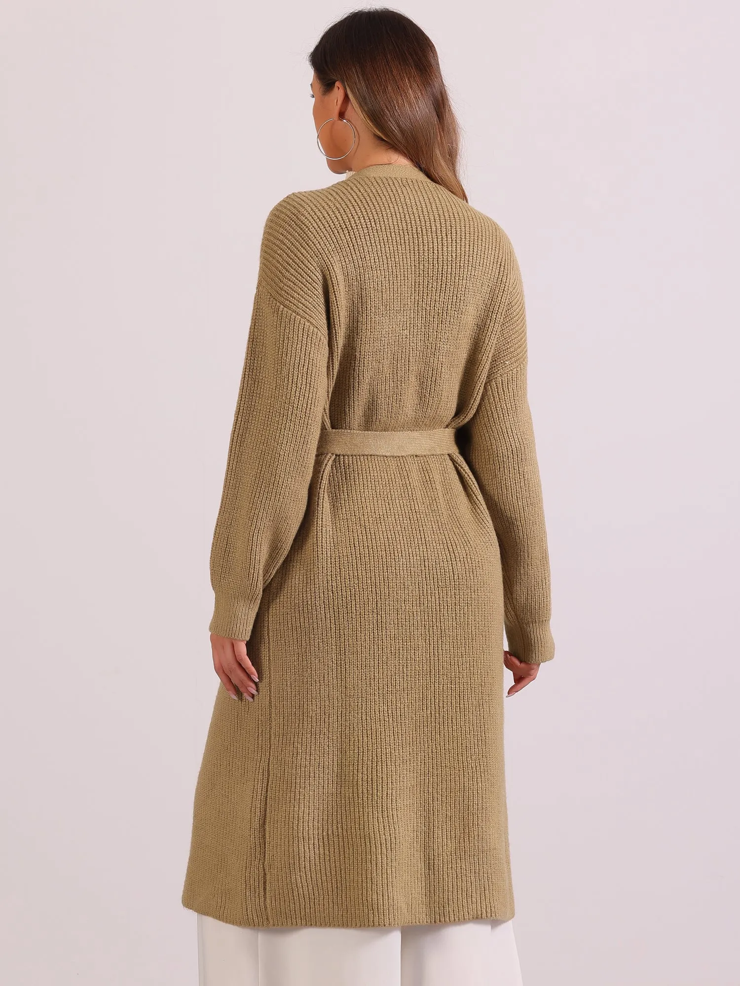Open Front Long Sleeve Belted Knit Sweater Long Cardigan sold by Allegra K product image thumbnail 3