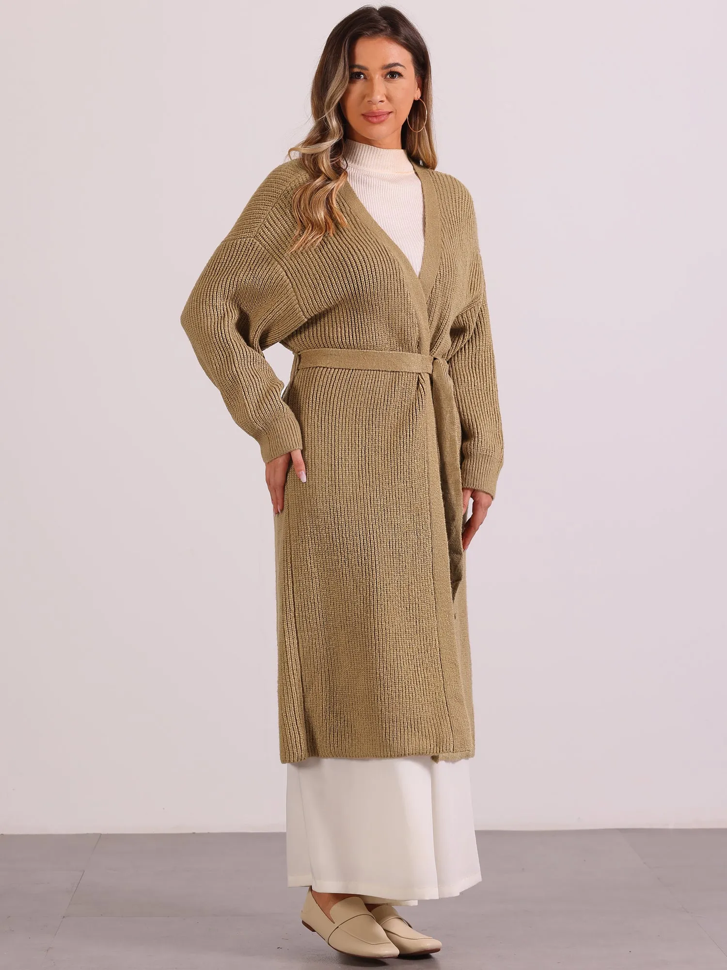Open Front Long Sleeve Belted Knit Sweater Long Cardigan sold by Allegra K product image thumbnail 2