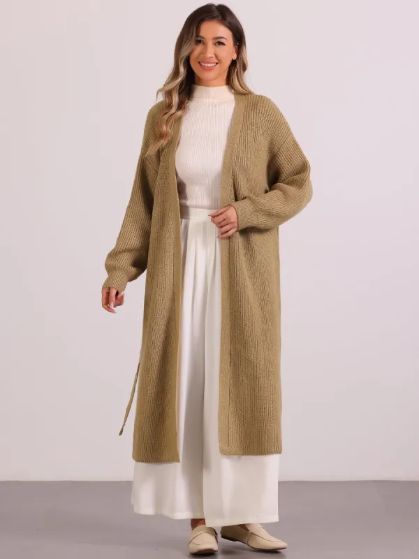 Open Front Long Sleeve Belted Knit Sweater Long Cardigan sold by Allegra K