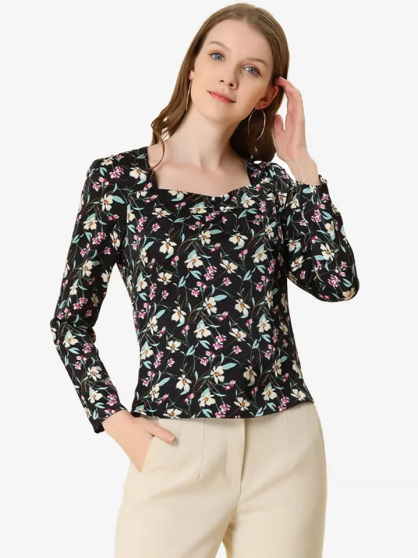 Casual Heart Neck Long Sleeve Floral Blouse Top sold by Allegra K