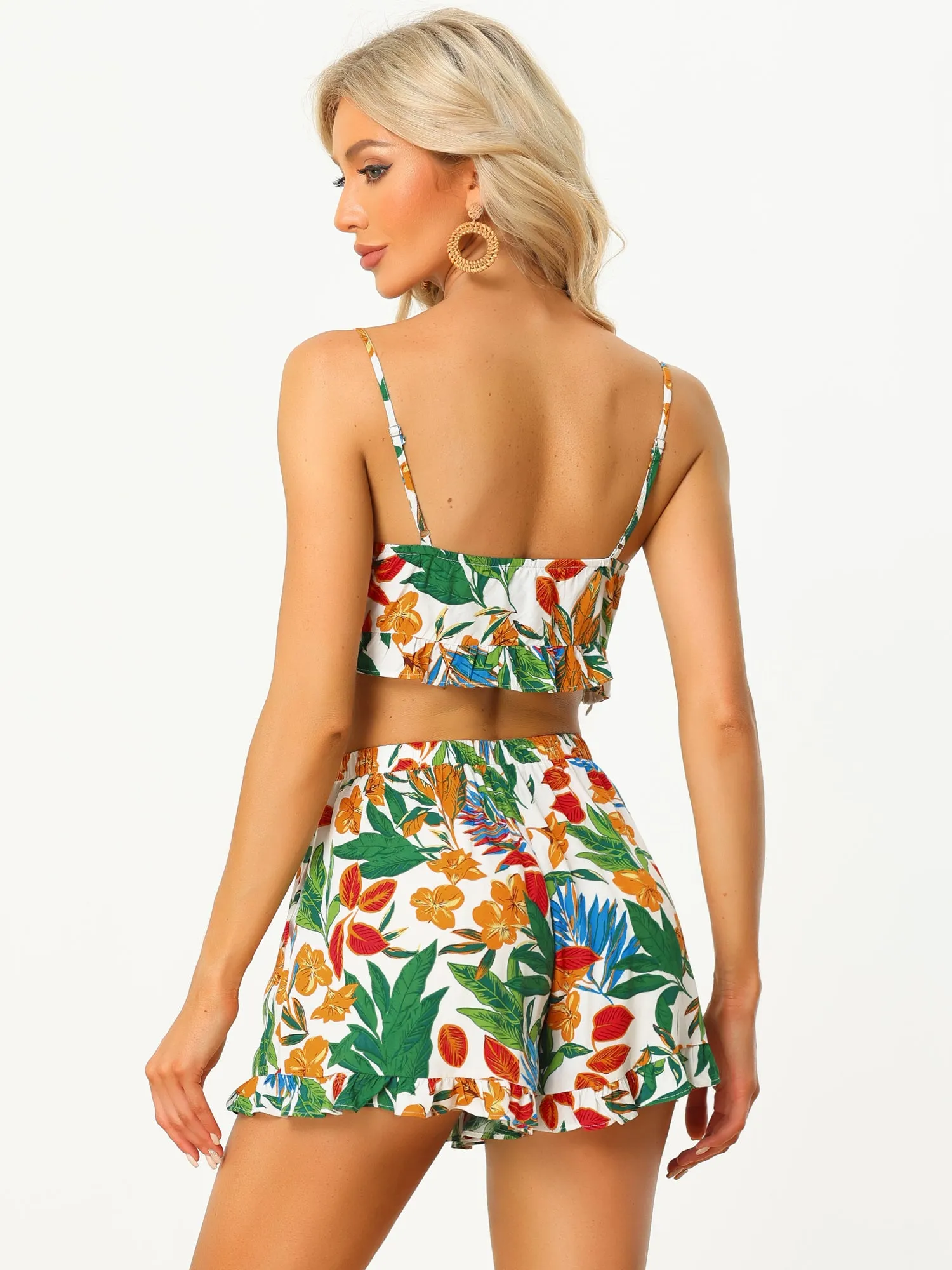 Tropical Floral Ruffle Hem Cami Crop Top Shorts 2 Piece Set sold by Allegra K product image thumbnail 3