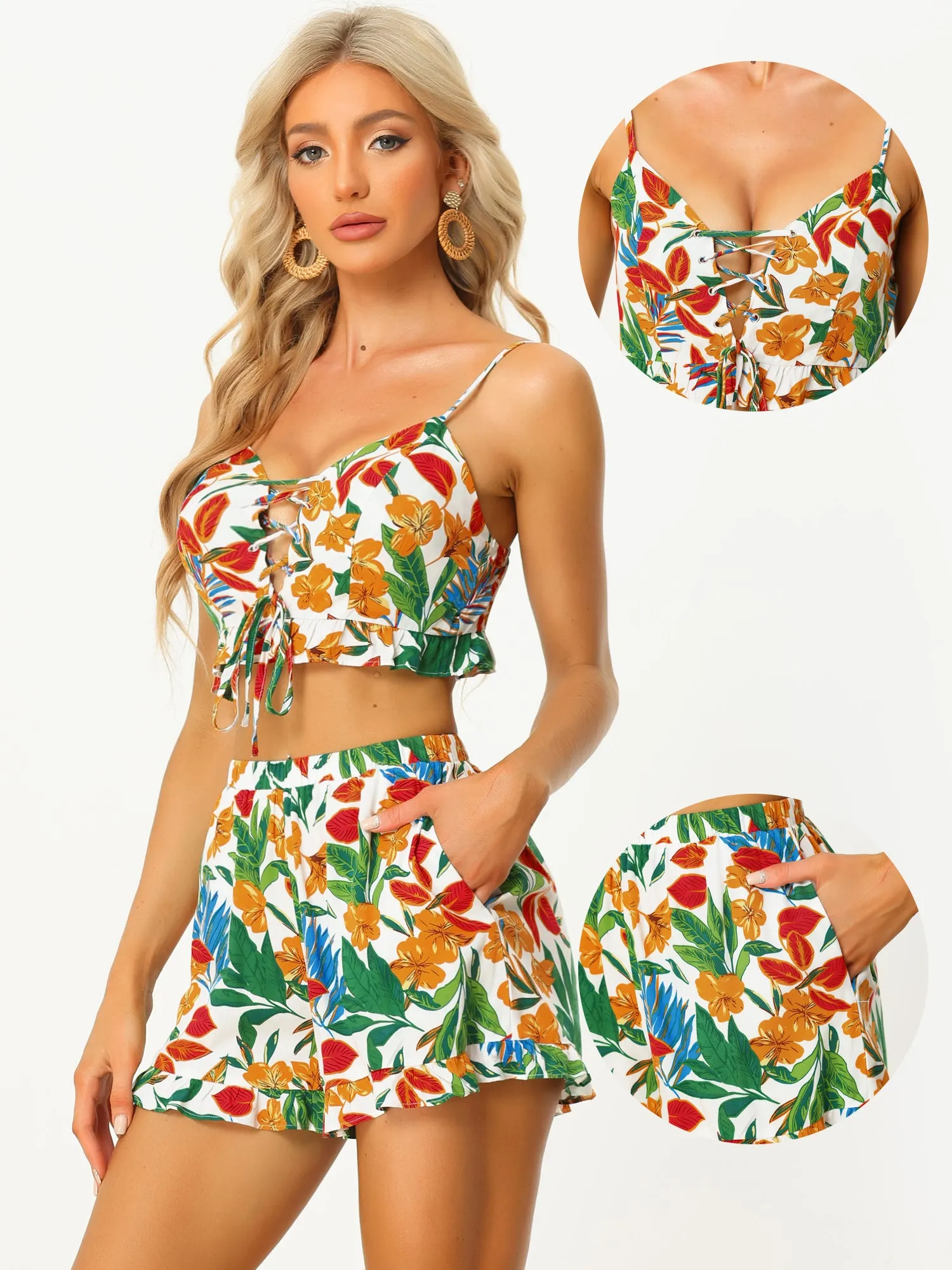 Tropical Floral Ruffle Hem Cami Crop Top Shorts 2 Piece Set sold by Allegra K