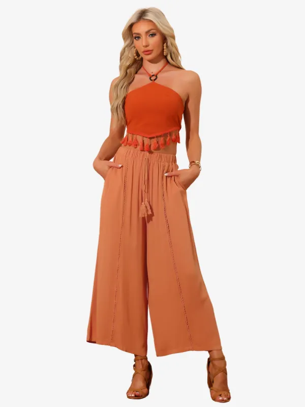 Casual Pants Elastic High Waist Drawstring Wide Leg Palazzo Trousers sold by Allegra K