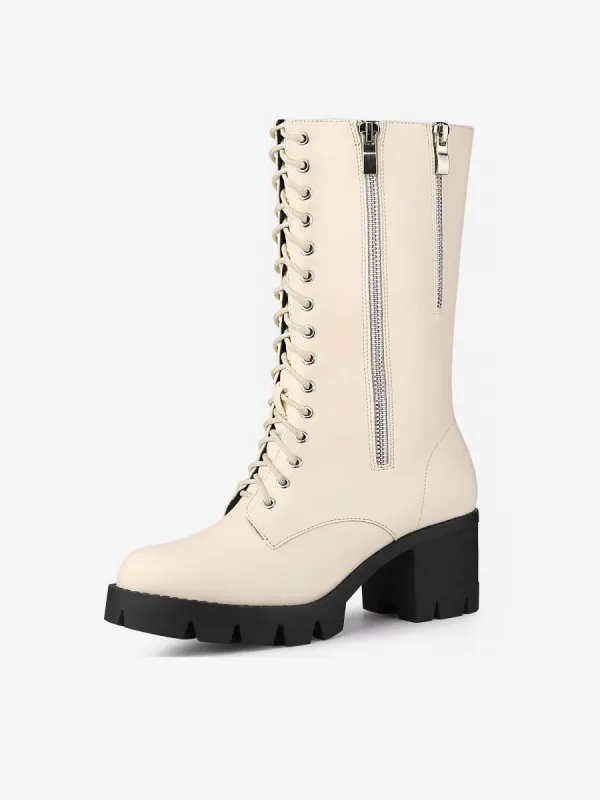 Lace Up Platform Chunky Heel Mid Calf Combat Boots Halloween Boots sold by Allegra K