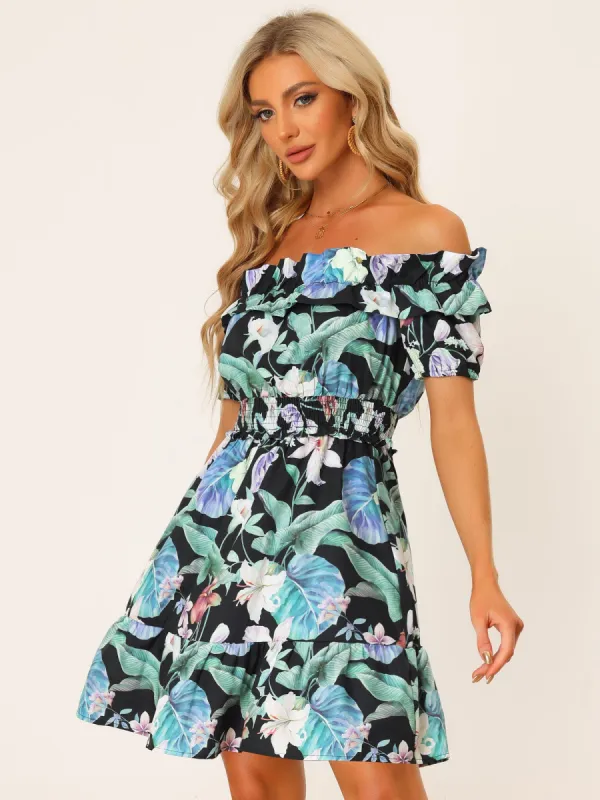 Tropical Floral Off Shoulder Smocked Waist Ruffle Hem Mini Dress sold by Allegra K