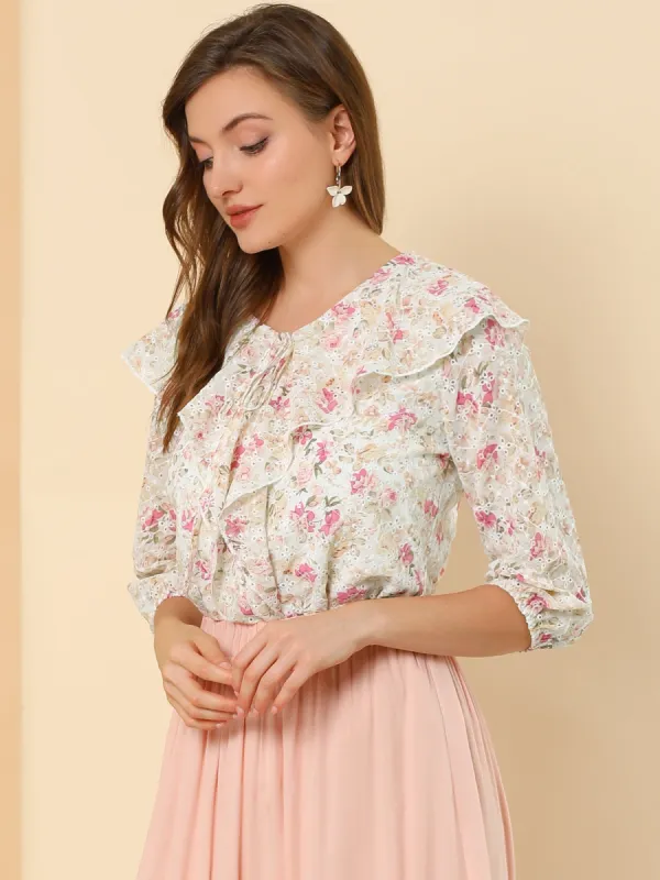 Ruffled Tie-Neck Lapel Elbow Sleeve Floral Embroidery Blouse sold by Allegra K