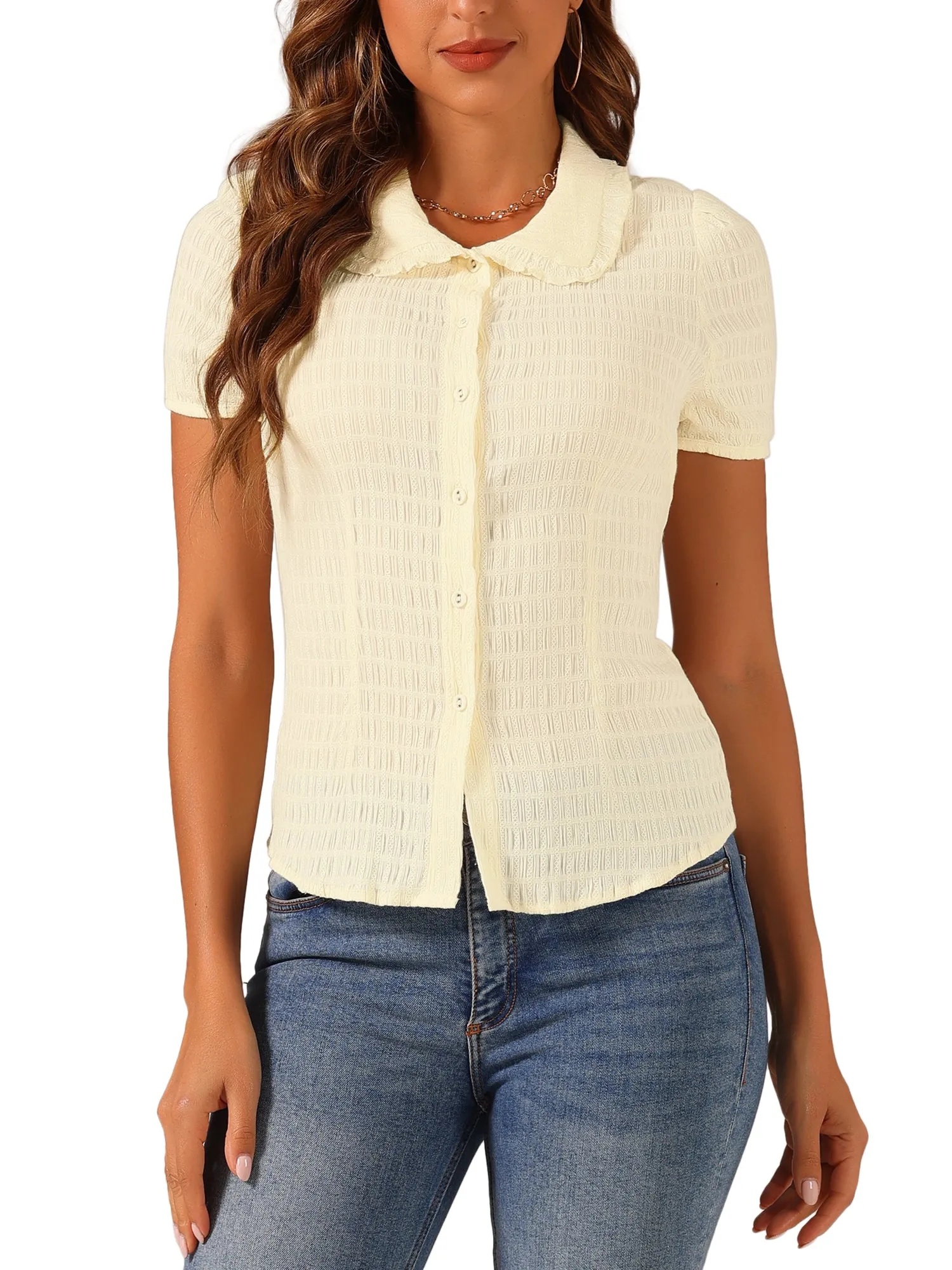 Peter Pan Collar Short Sleeves Textured Button Down Blouse sold by Allegra K product image thumbnail 4