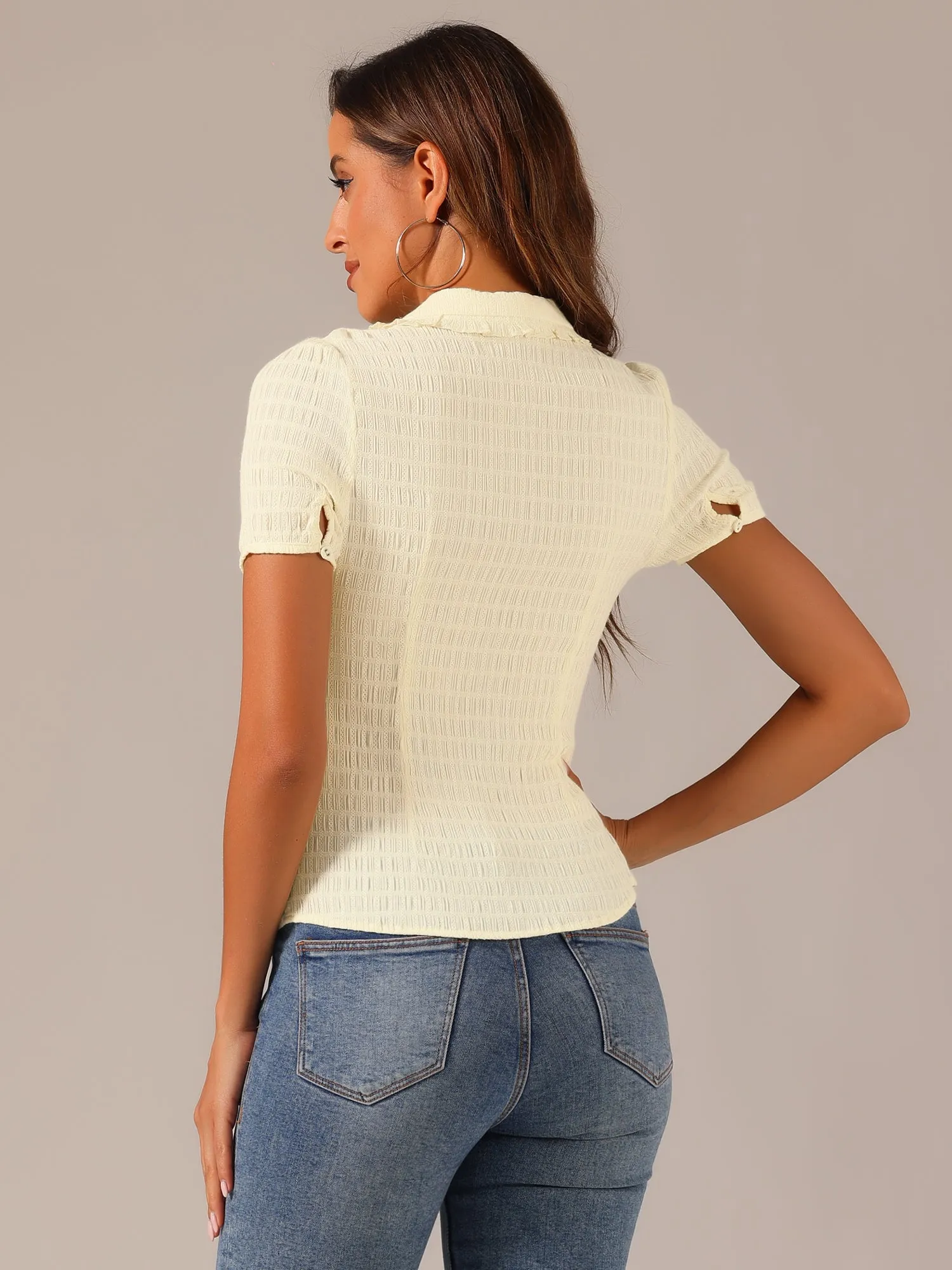 Peter Pan Collar Short Sleeves Textured Button Down Blouse sold by Allegra K product image thumbnail 3