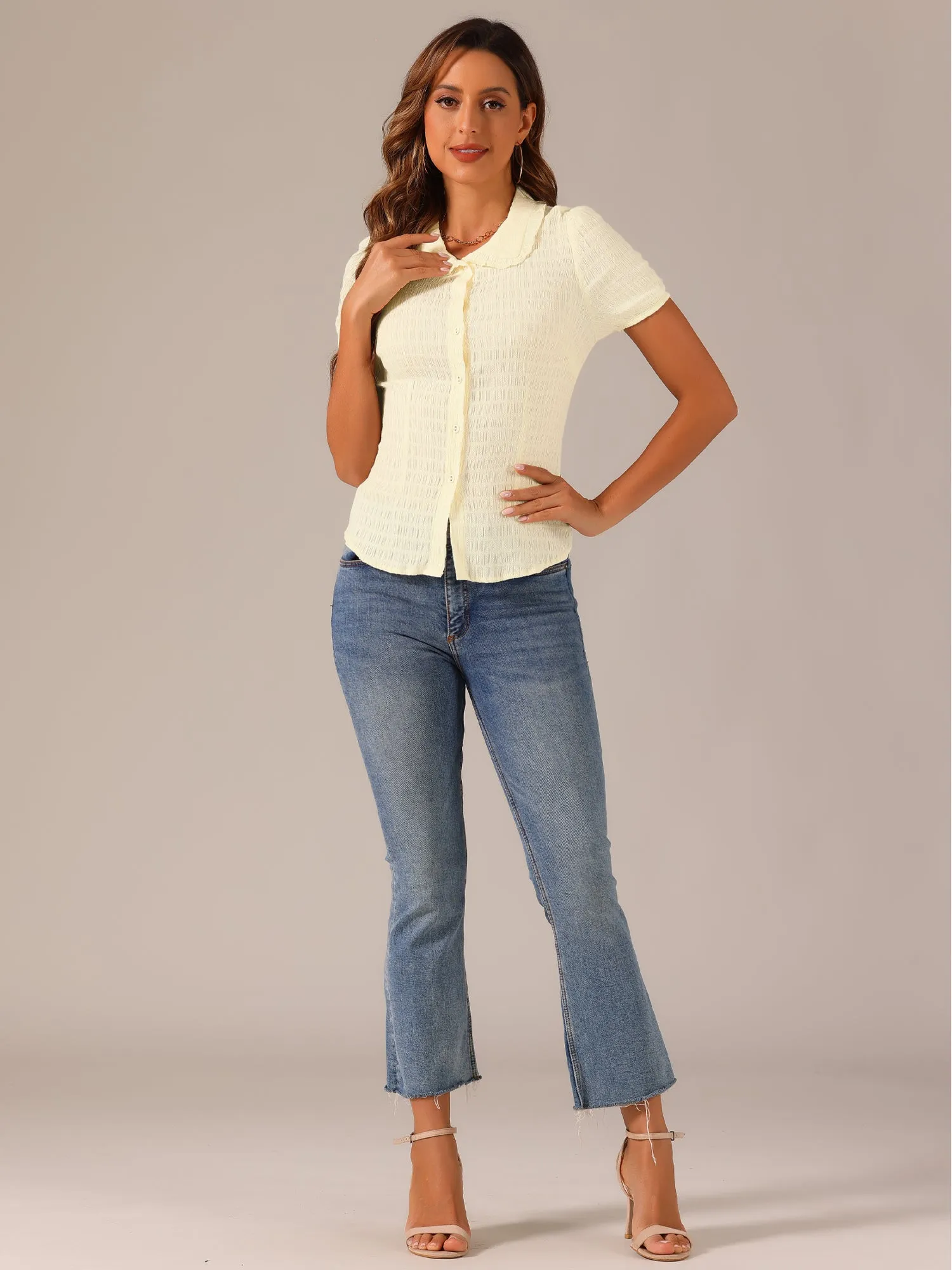 Peter Pan Collar Short Sleeves Textured Button Down Blouse sold by Allegra K product image thumbnail 2