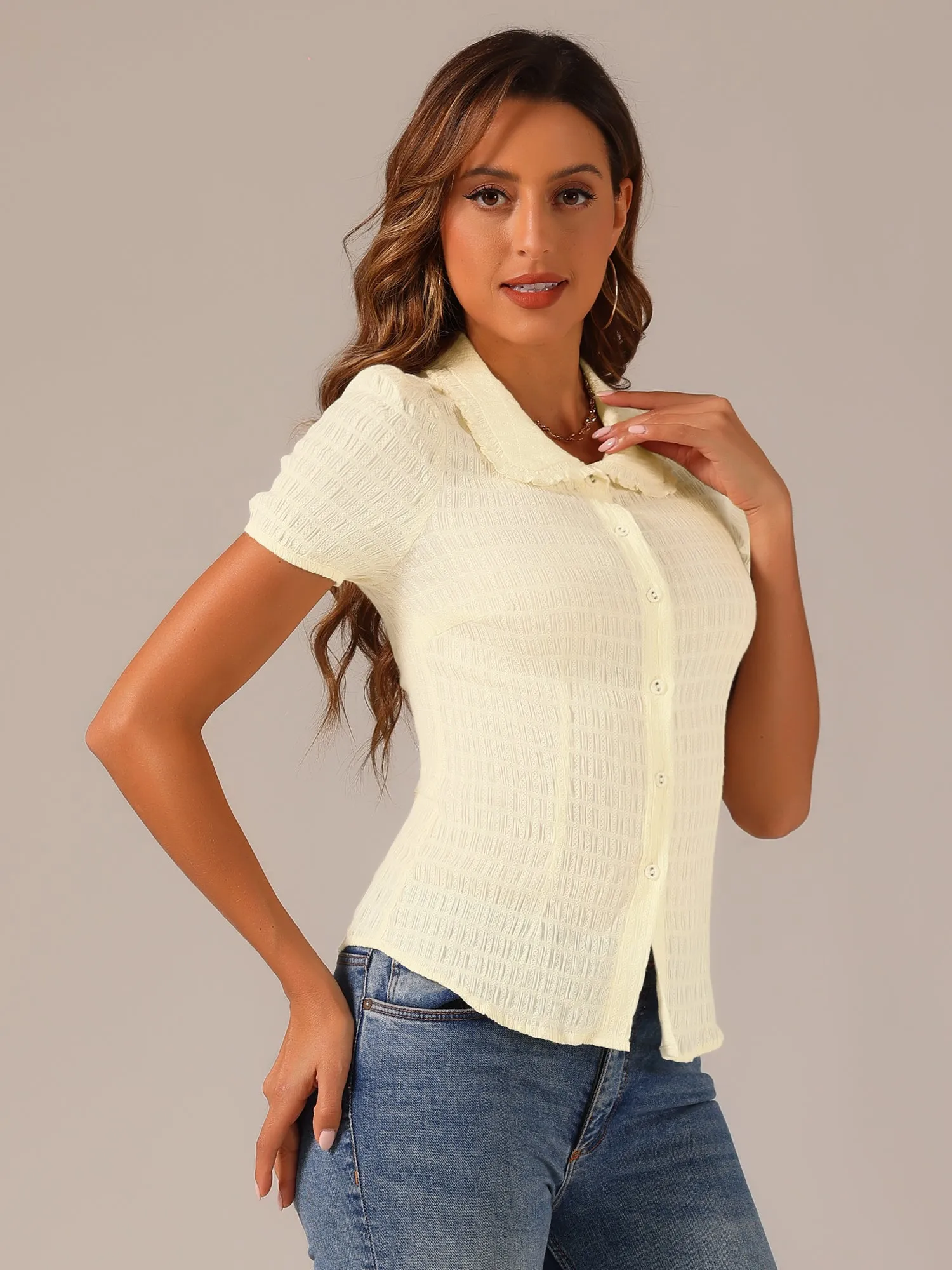 Peter Pan Collar Short Sleeves Textured Button Down Blouse sold by Allegra K