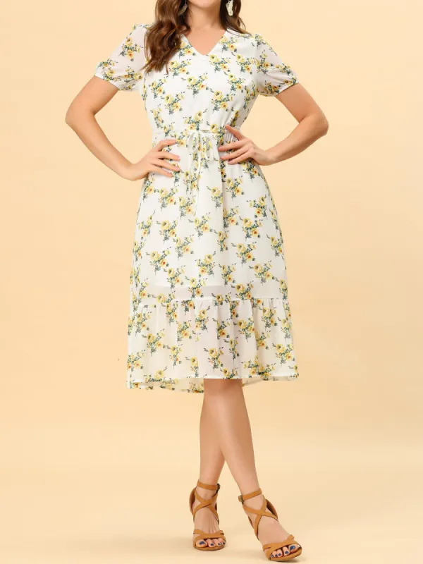 Casual Floral Ruffle Hem V Neck Tie Waist Chiffon Midi Dress sold by Allegra K