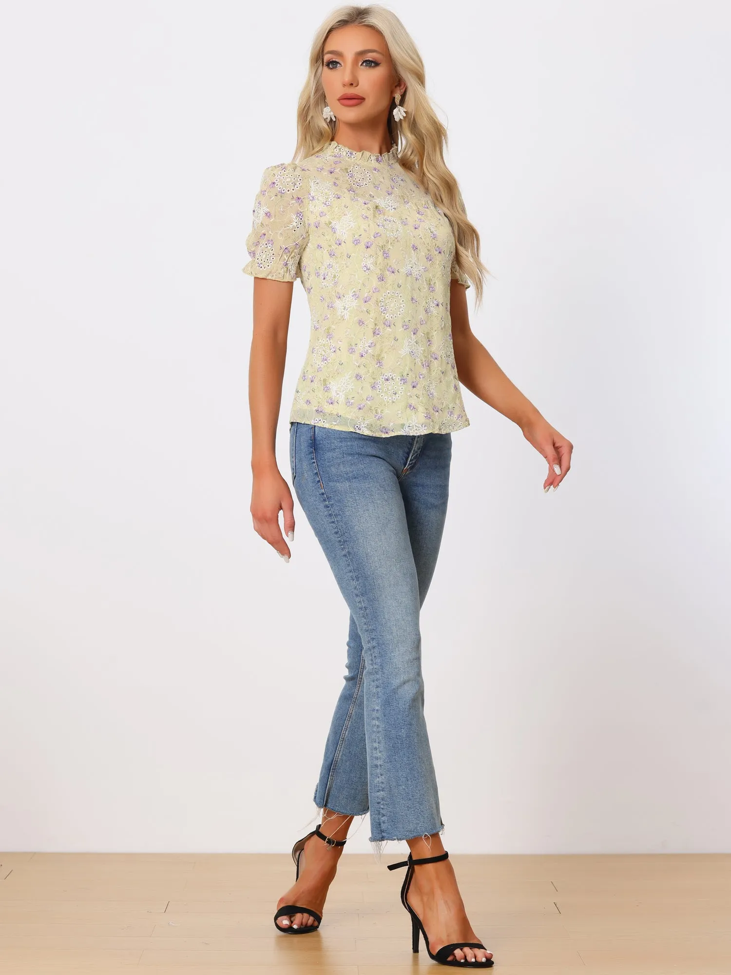 Lace Dressy Ruffle Collar Short Sleeve Floral Summer Blouse sold by Allegra K product image thumbnail 2