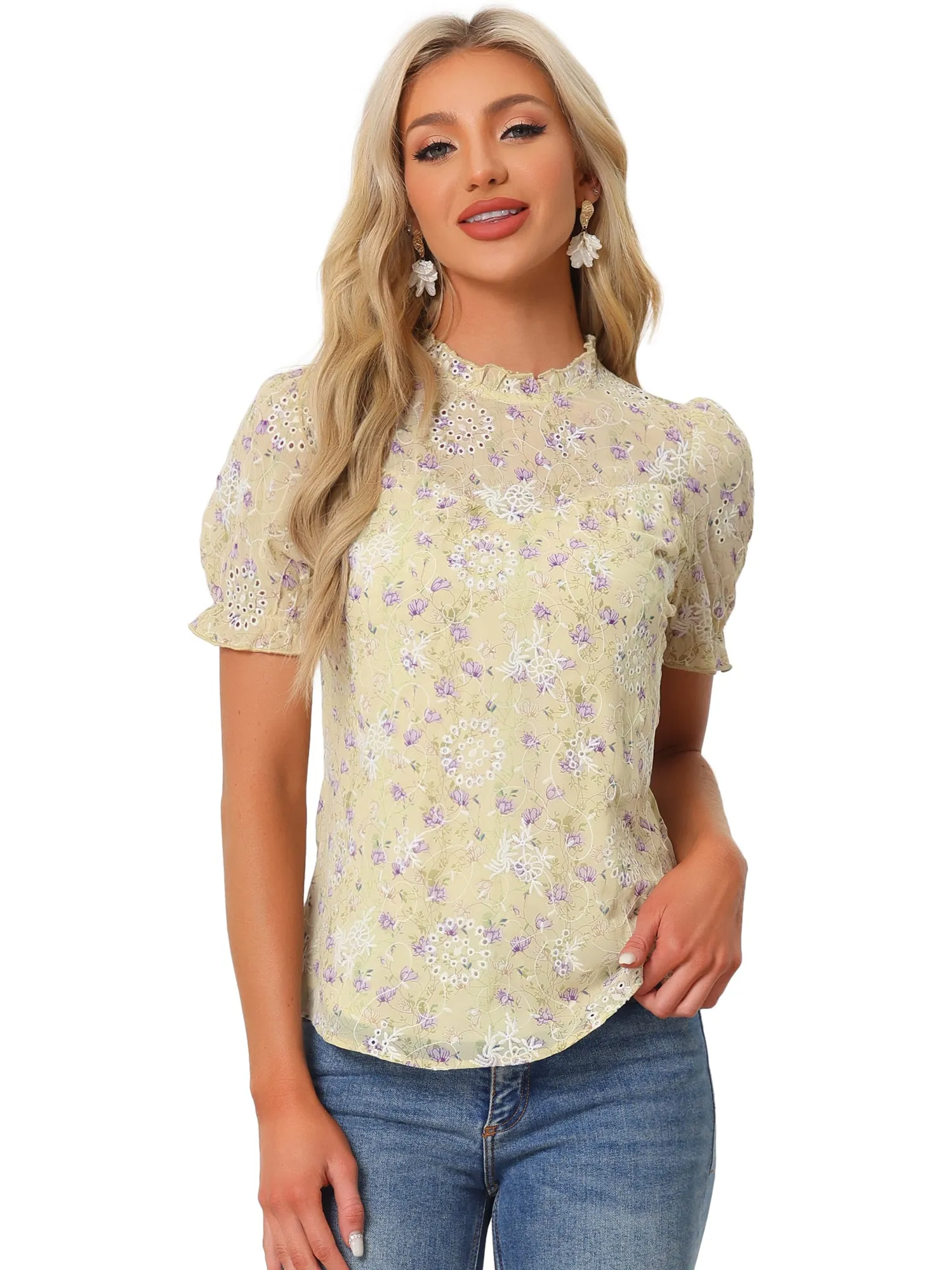Lace Dressy Ruffle Collar Short Sleeve Floral Summer Blouse sold by Allegra K product image thumbnail 4