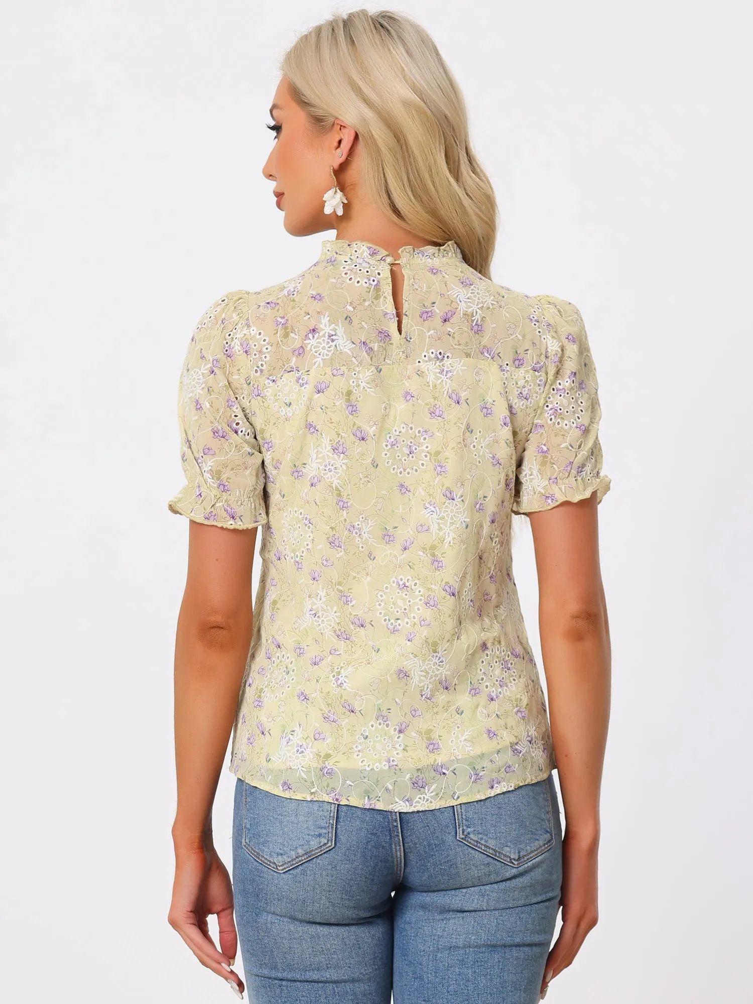 Lace Dressy Ruffle Collar Short Sleeve Floral Summer Blouse sold by Allegra K product image thumbnail 3