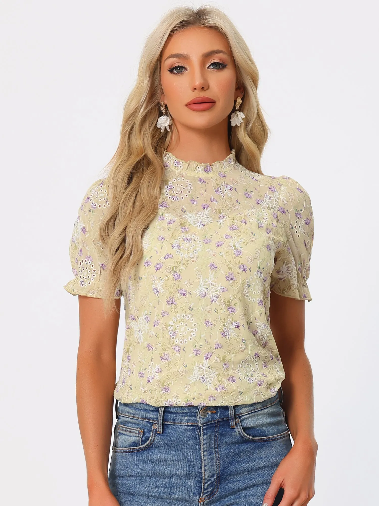 Lace Dressy Ruffle Collar Short Sleeve Floral Summer Blouse sold by Allegra K