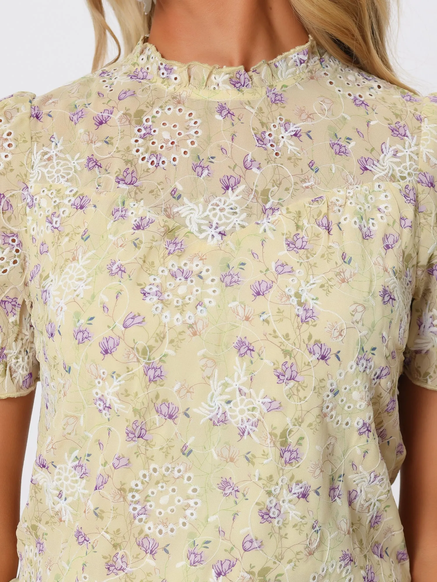 Lace Dressy Ruffle Collar Short Sleeve Floral Summer Blouse sold by Allegra K product image thumbnail 5