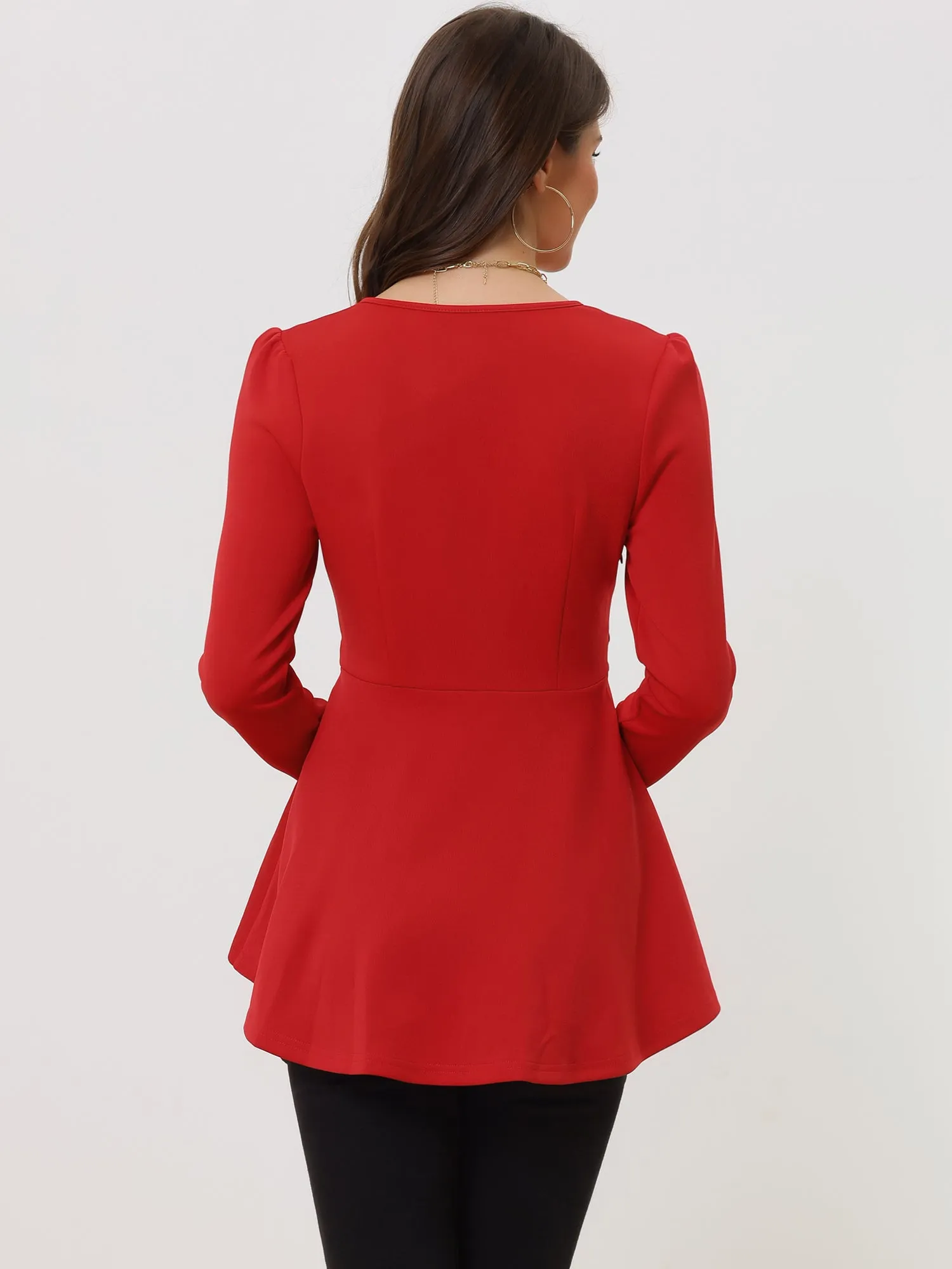 V Neck Twist Front Long Sleeve Peplum Solid Tunics sold by Allegra K product image thumbnail 2