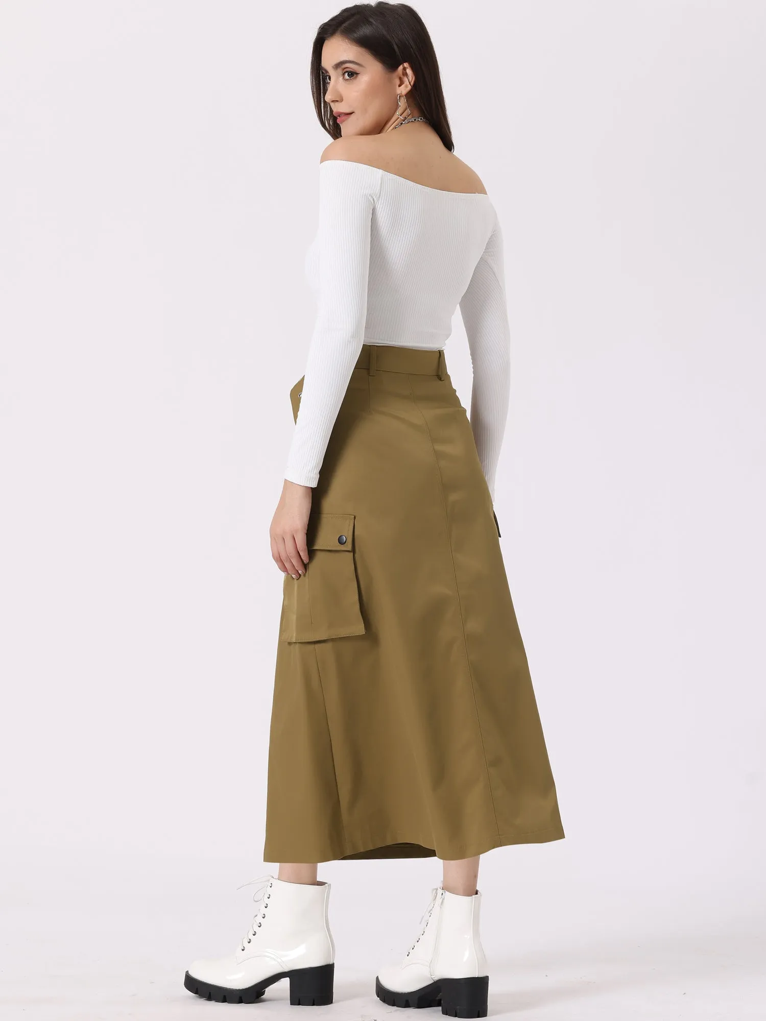 Y2K Zip High Waist Belted Pocketed Maxi Cargo A-Line Skirt sold by Allegra K product image thumbnail 3